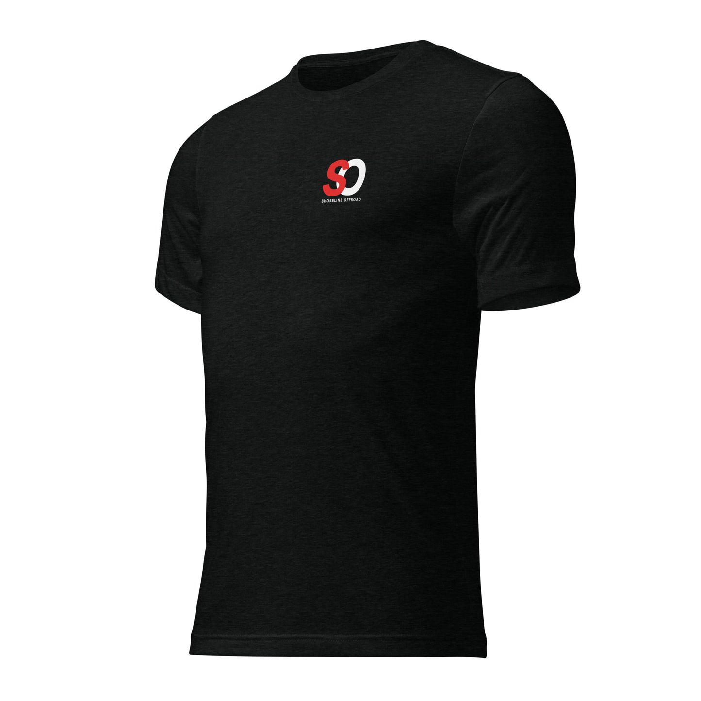 a black t - shirt with a red and white logo