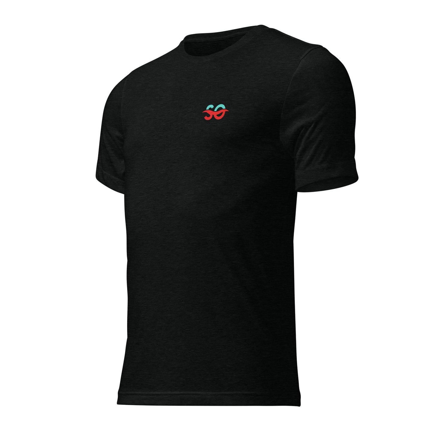 a black t - shirt with a red om symbol on the chest