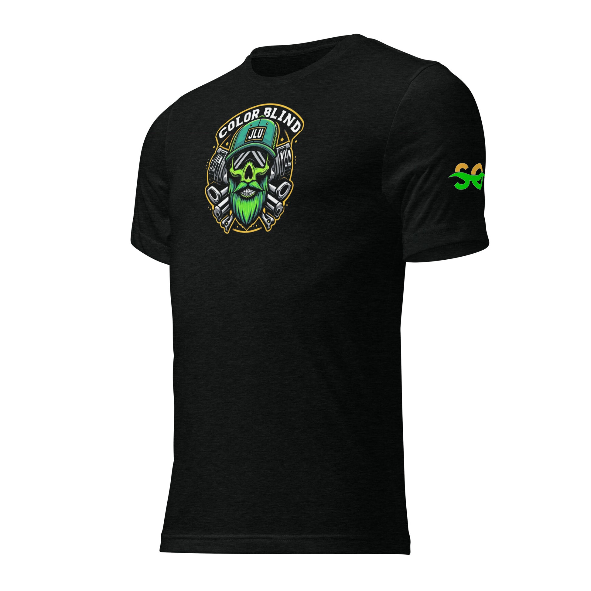 a black t - shirt with a green skull on it