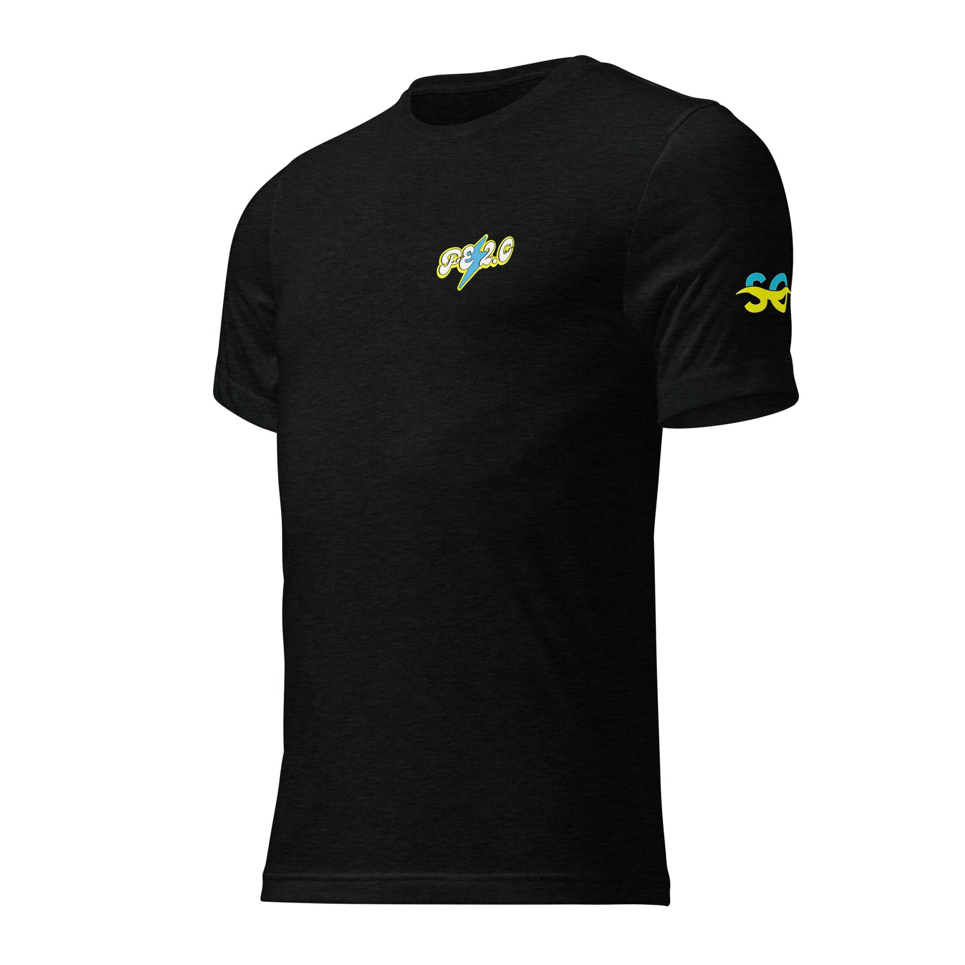 a black t - shirt with a colorful logo on the chest