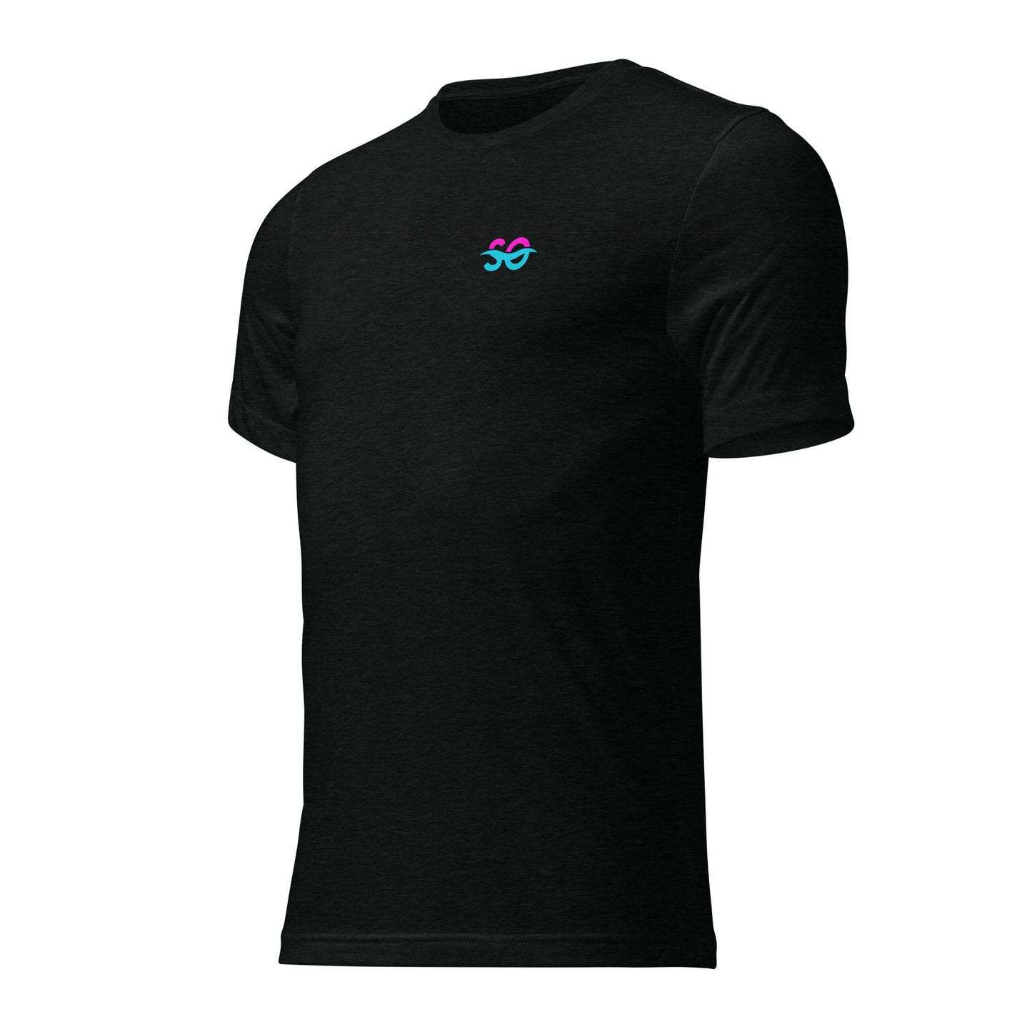 a black t - shirt with a pink and blue logo