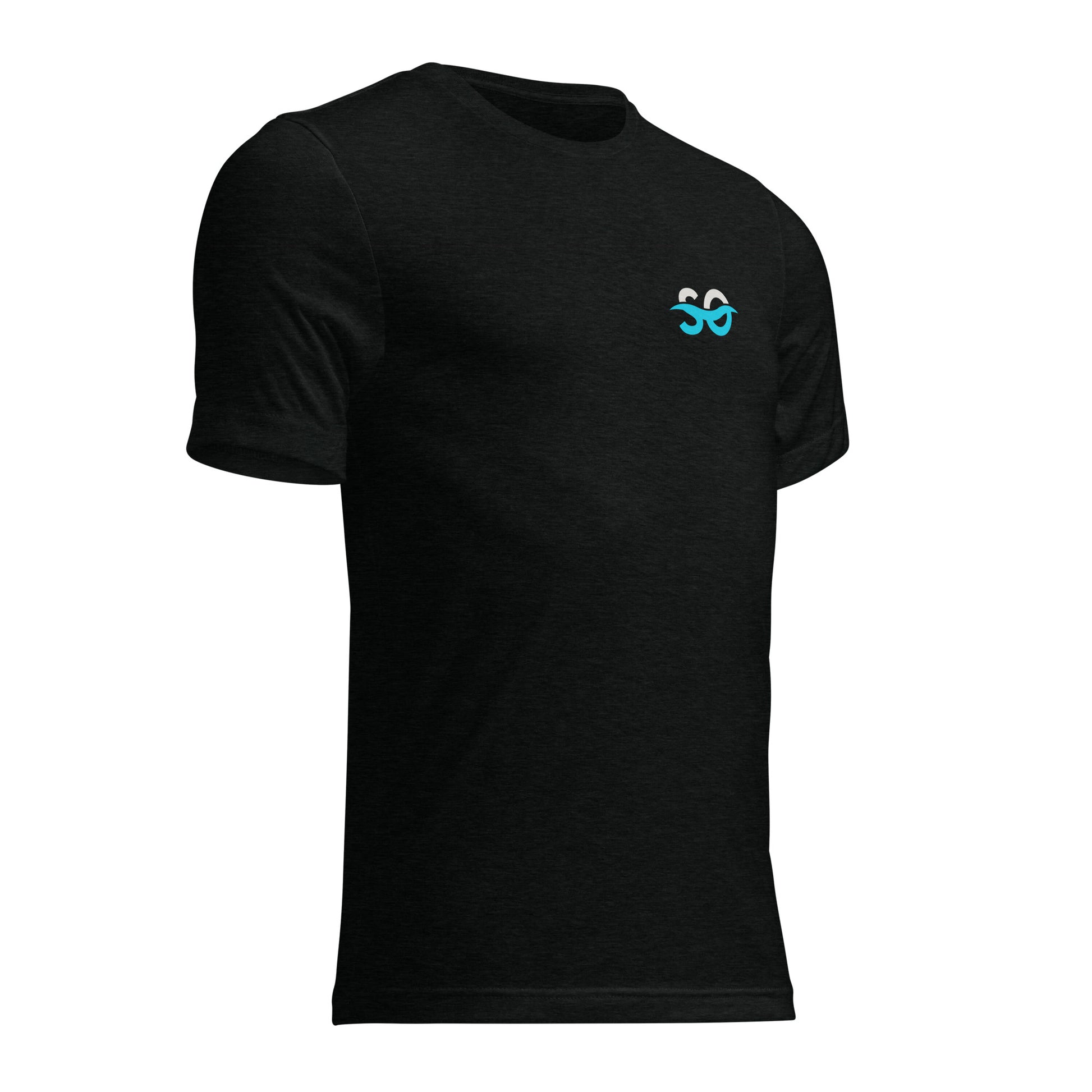 a black t - shirt with a blue logo on the chest