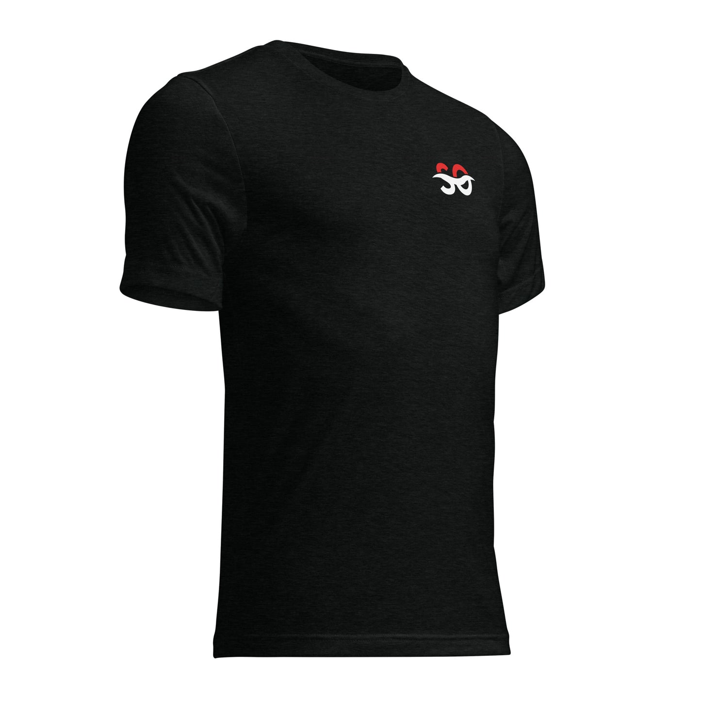 a black t - shirt with a red and white logo