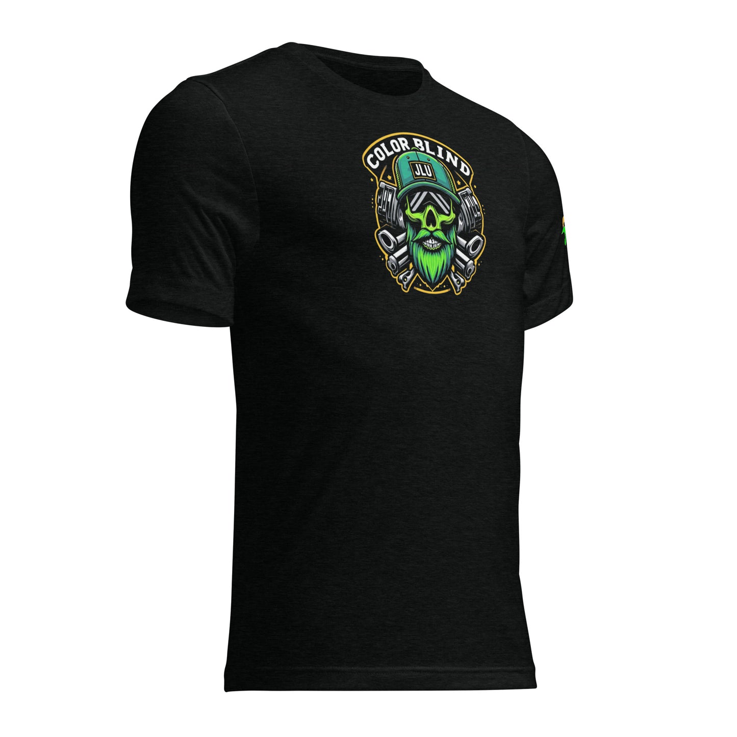 a black t - shirt with a green skull on it