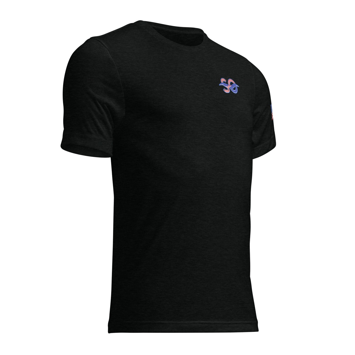 a black t - shirt with a pink and blue logo