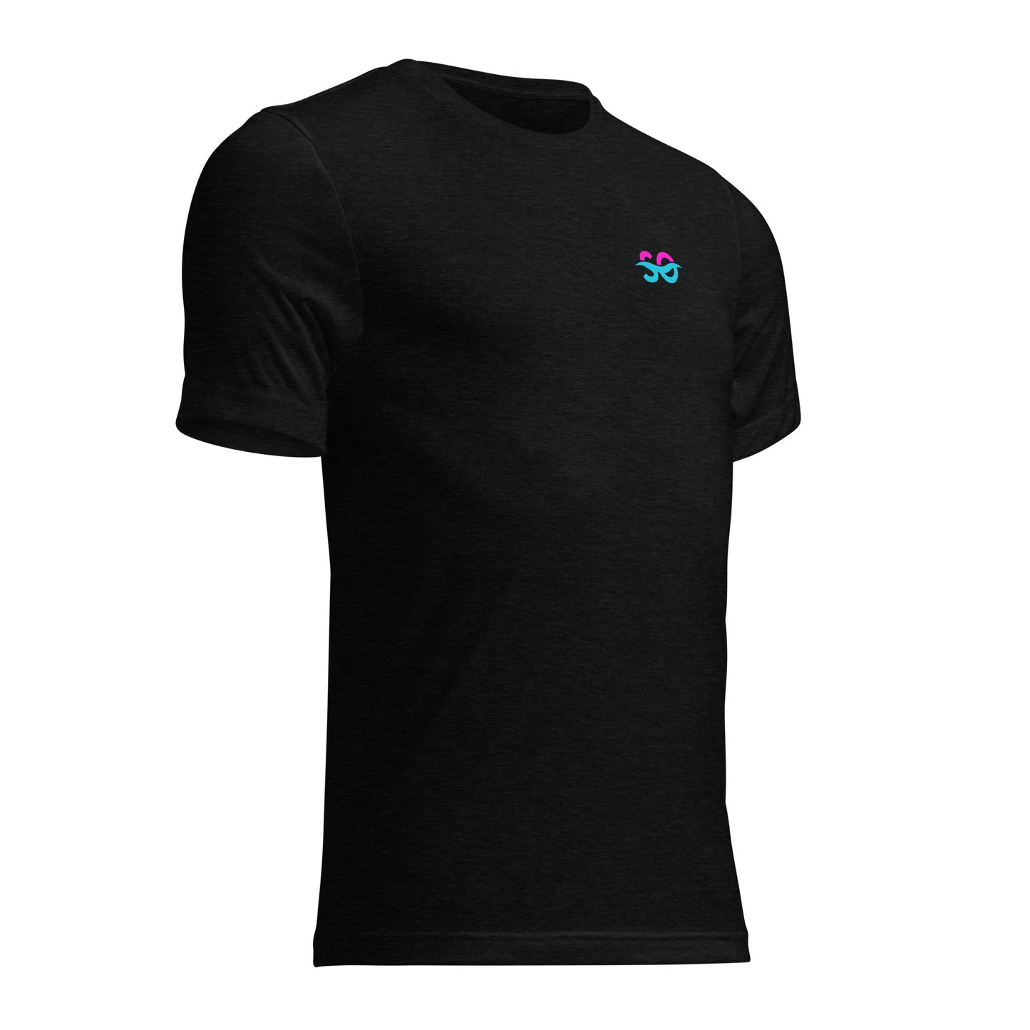 a black t - shirt with a pink and blue logo