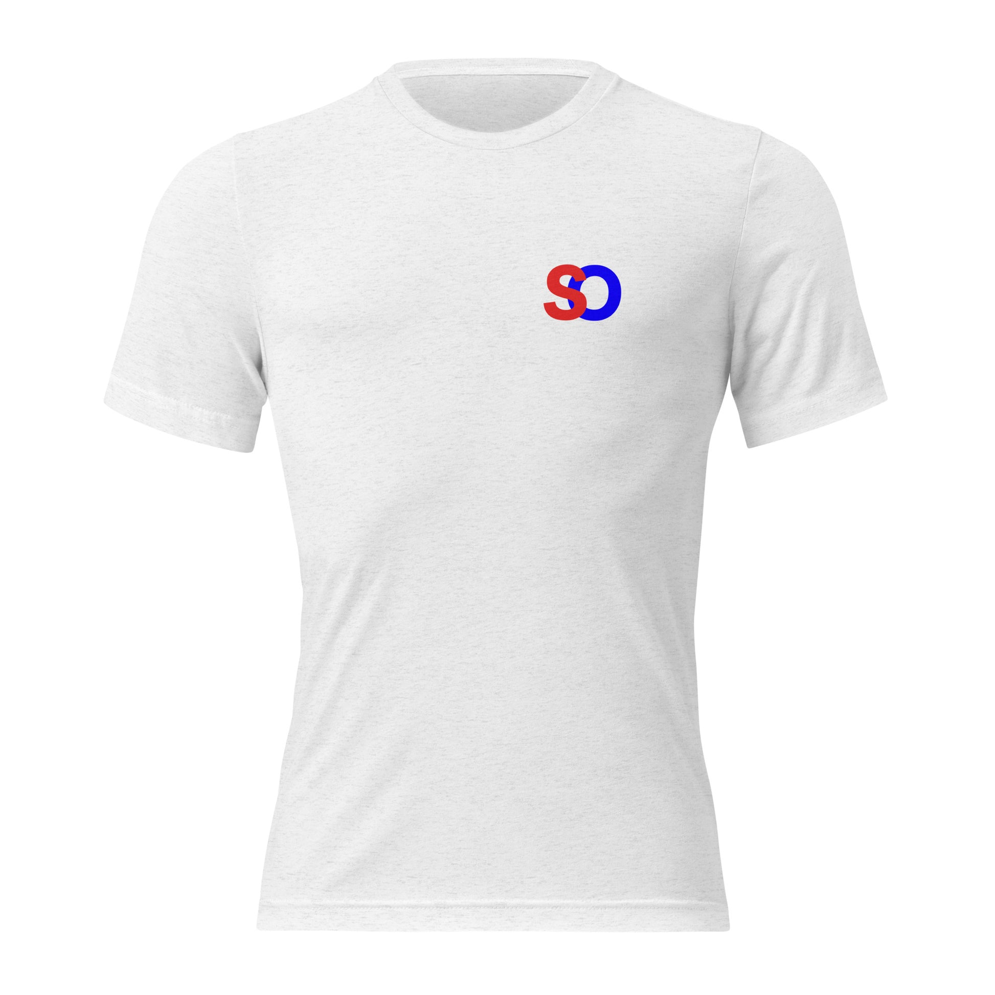 a white t - shirt with a red and blue logo