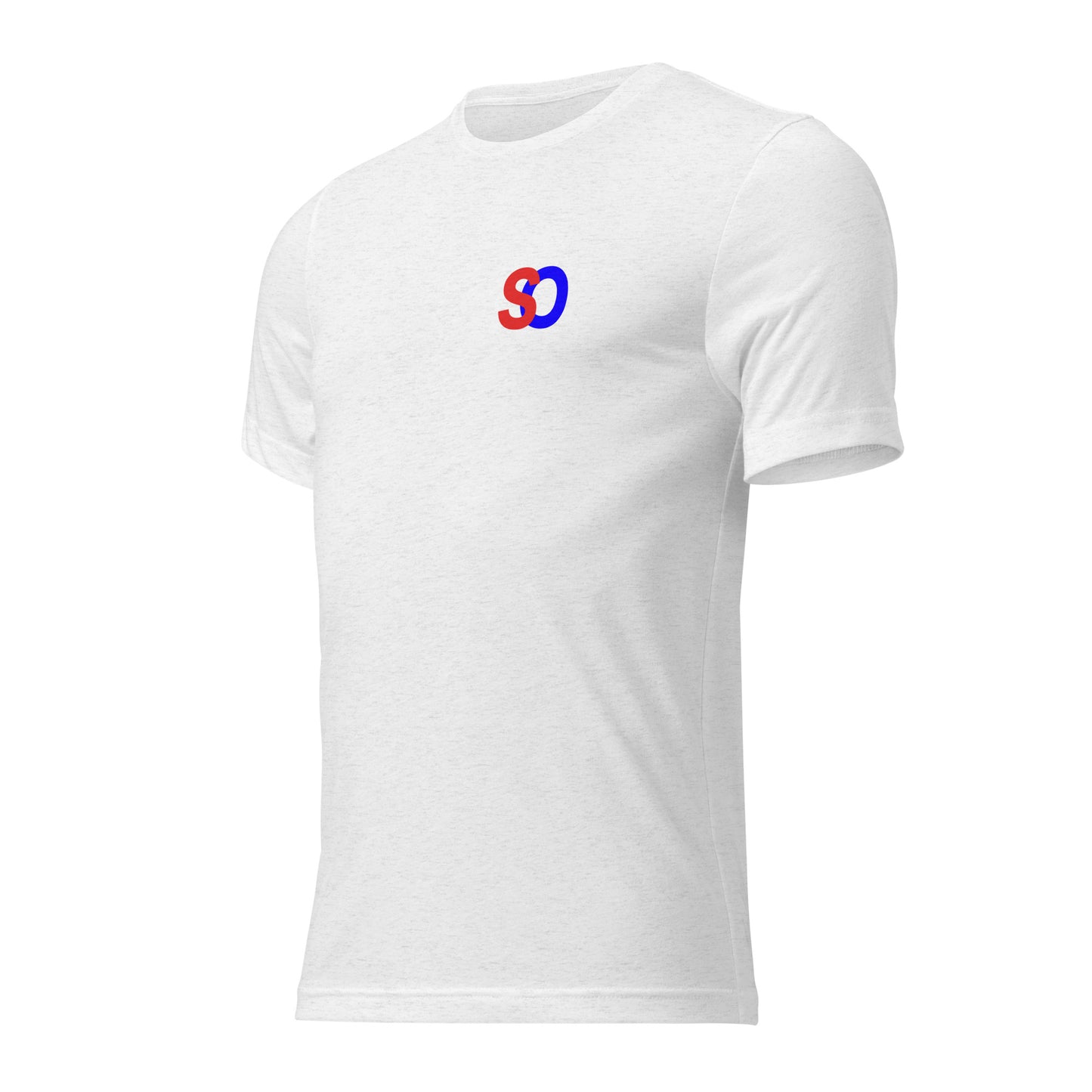 a white t - shirt with a red and blue logo