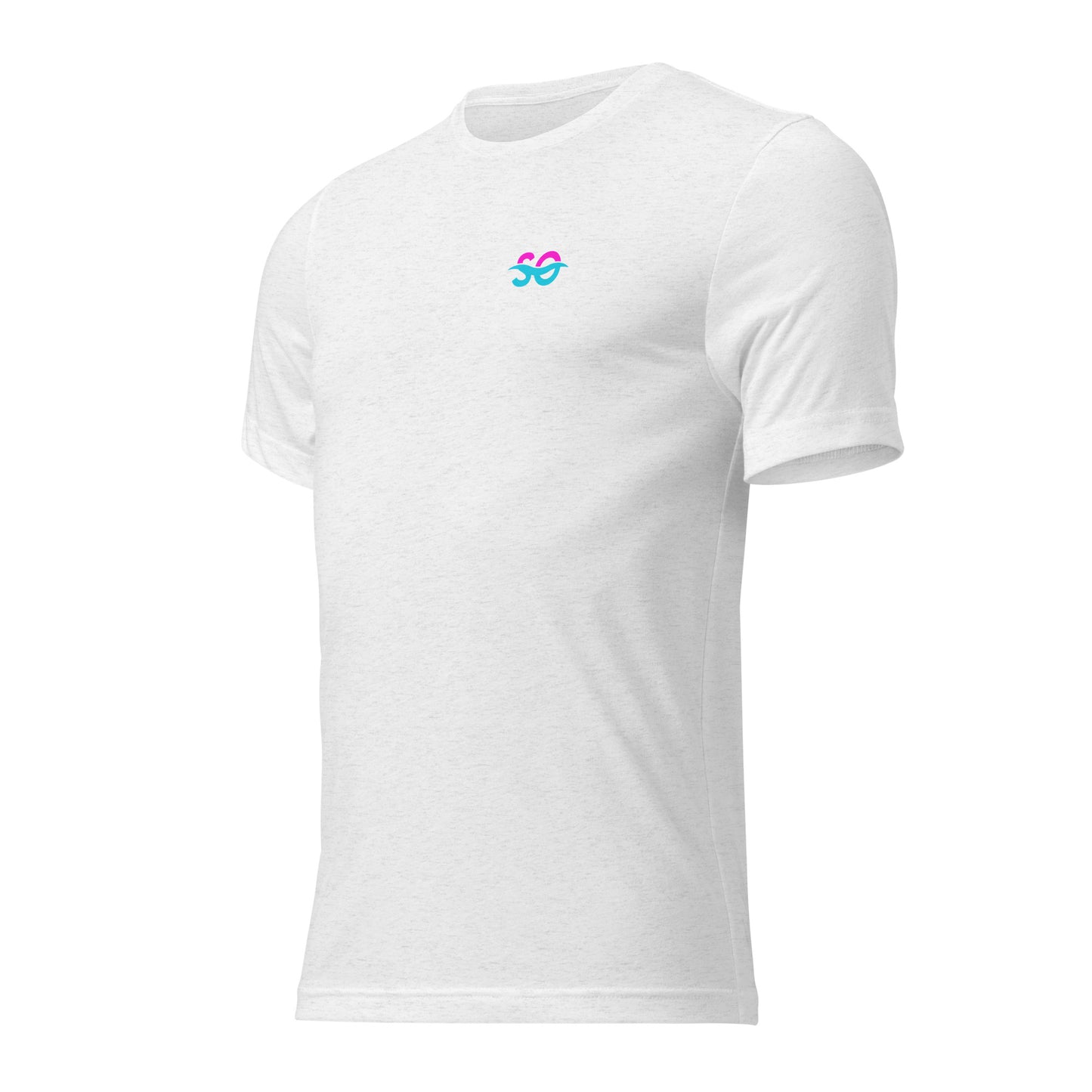 a white t - shirt with a blue and pink logo