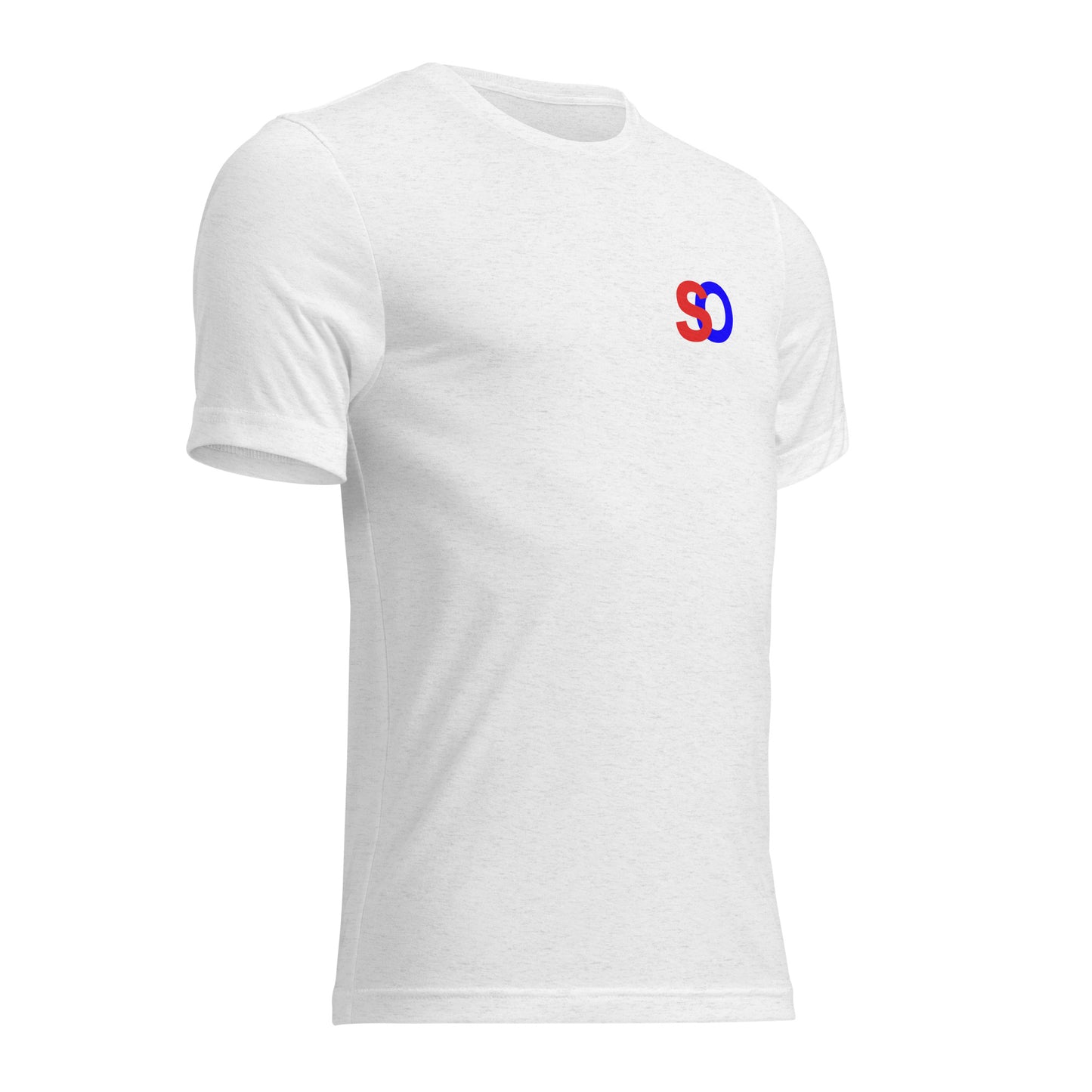 a white t - shirt with a red and blue logo