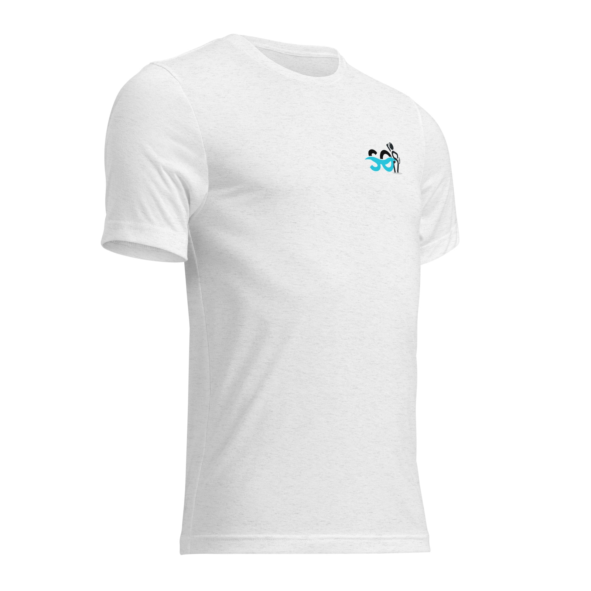 a white t - shirt with a blue logo on the chest