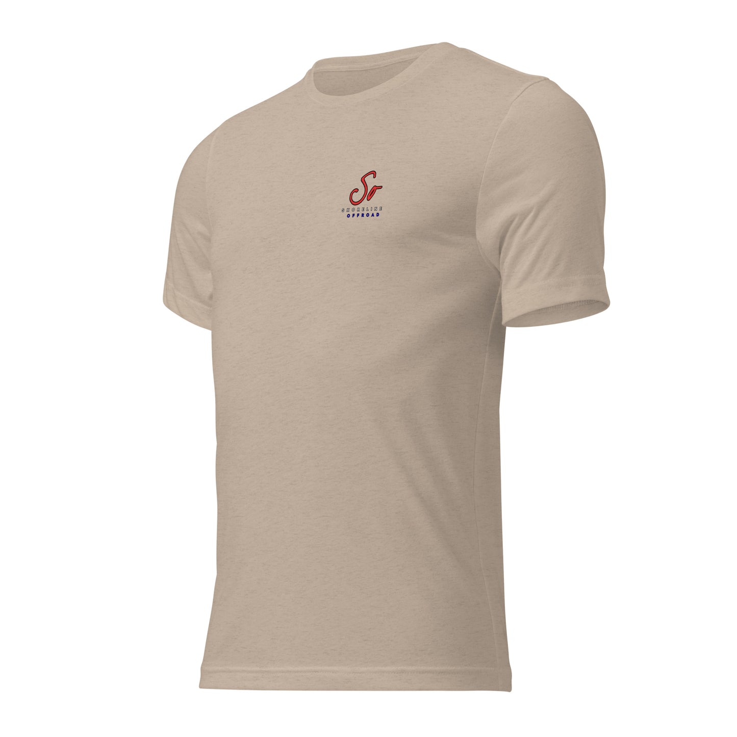 a tan t - shirt with a red and white logo