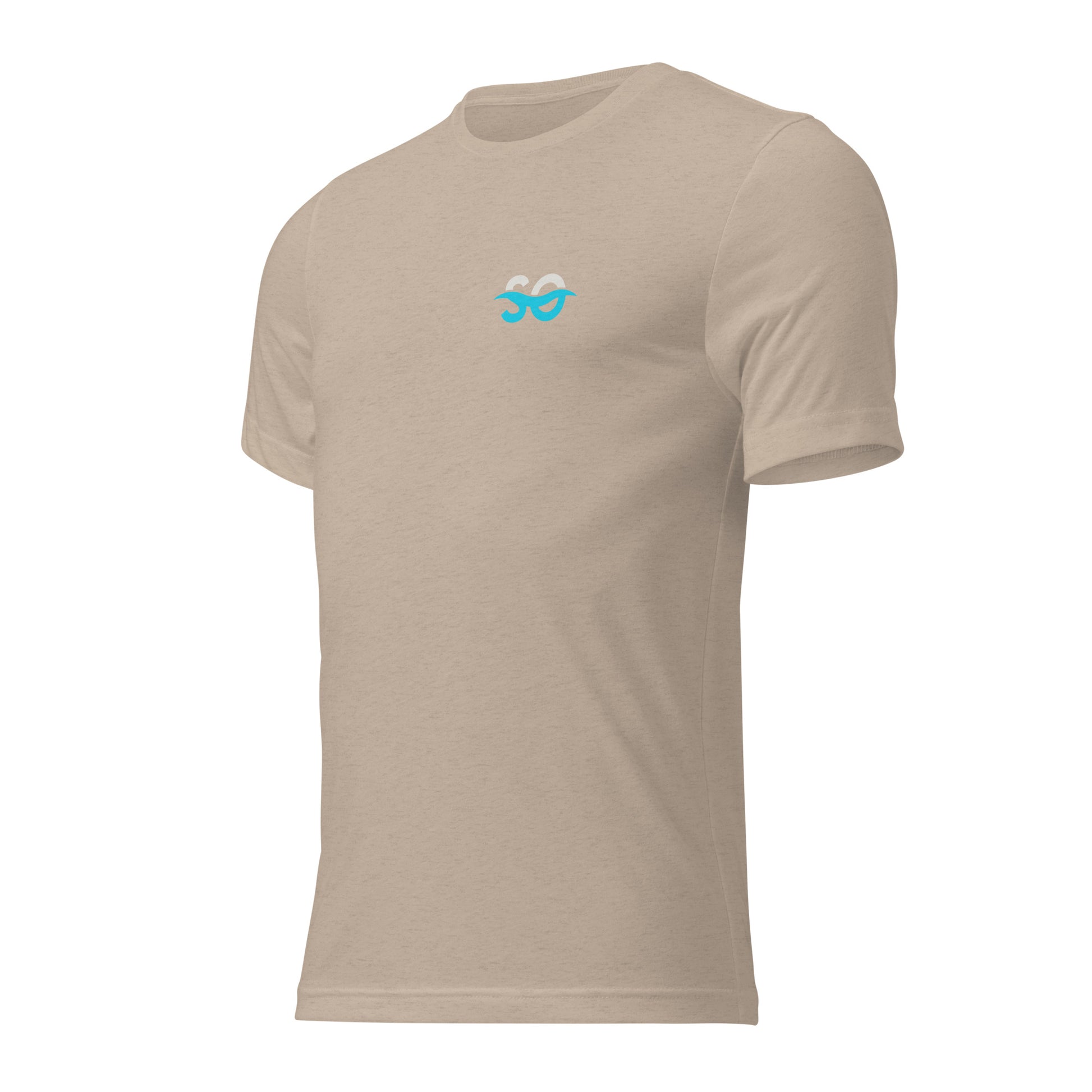 a tan t - shirt with a blue logo on the chest