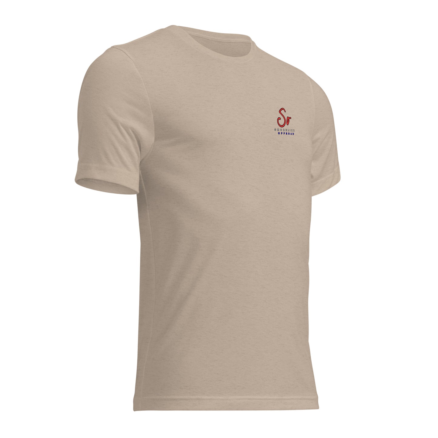 a beige t - shirt with a red logo on the chest