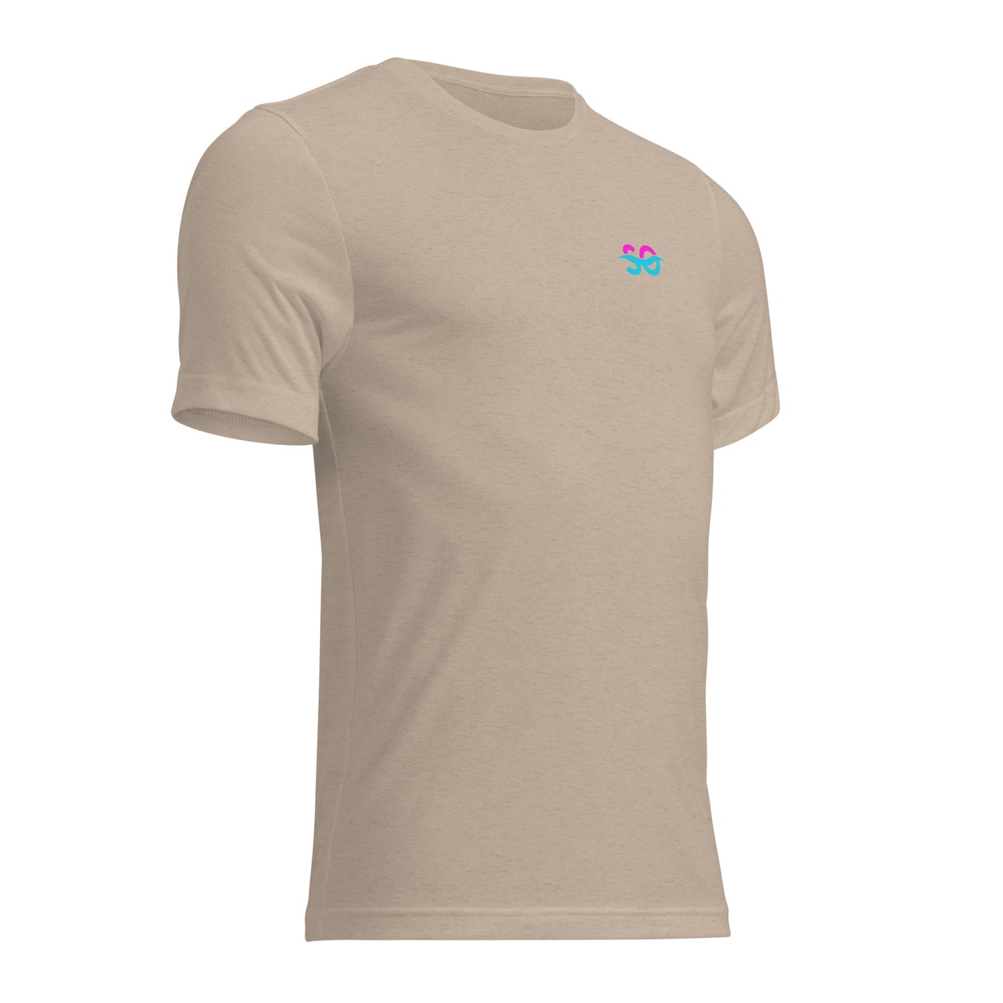 a tan t - shirt with a pink flower on the chest