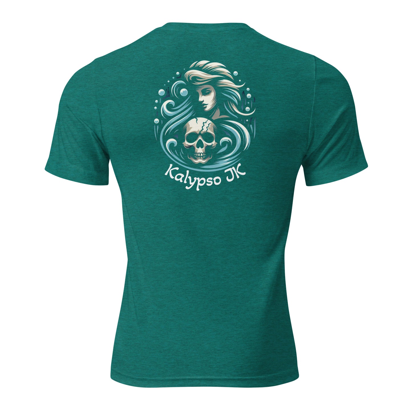 a green tshirt with a woman's skull on it