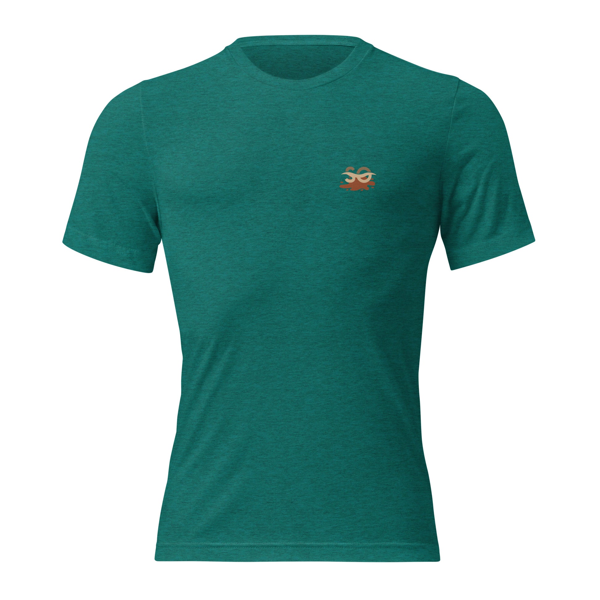 a green t - shirt with a red and orange logo on the chest