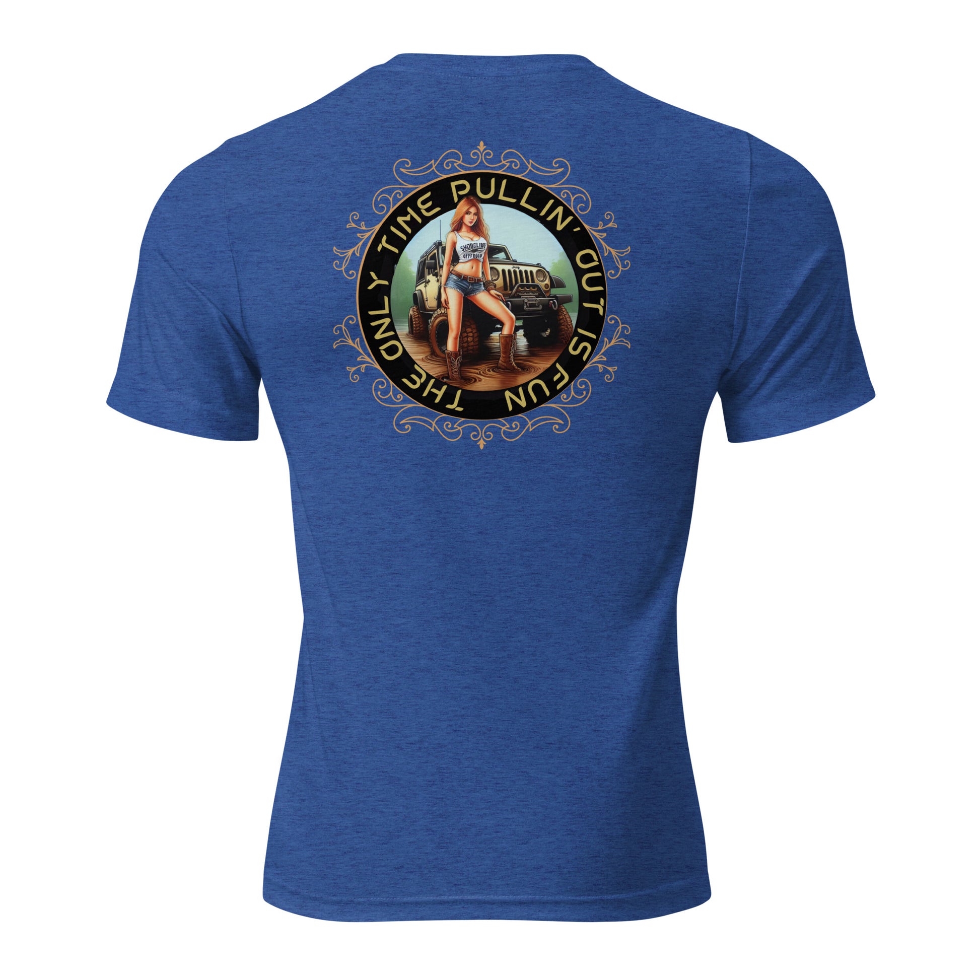 a blue t - shirt with a picture of a woman sitting on top of a