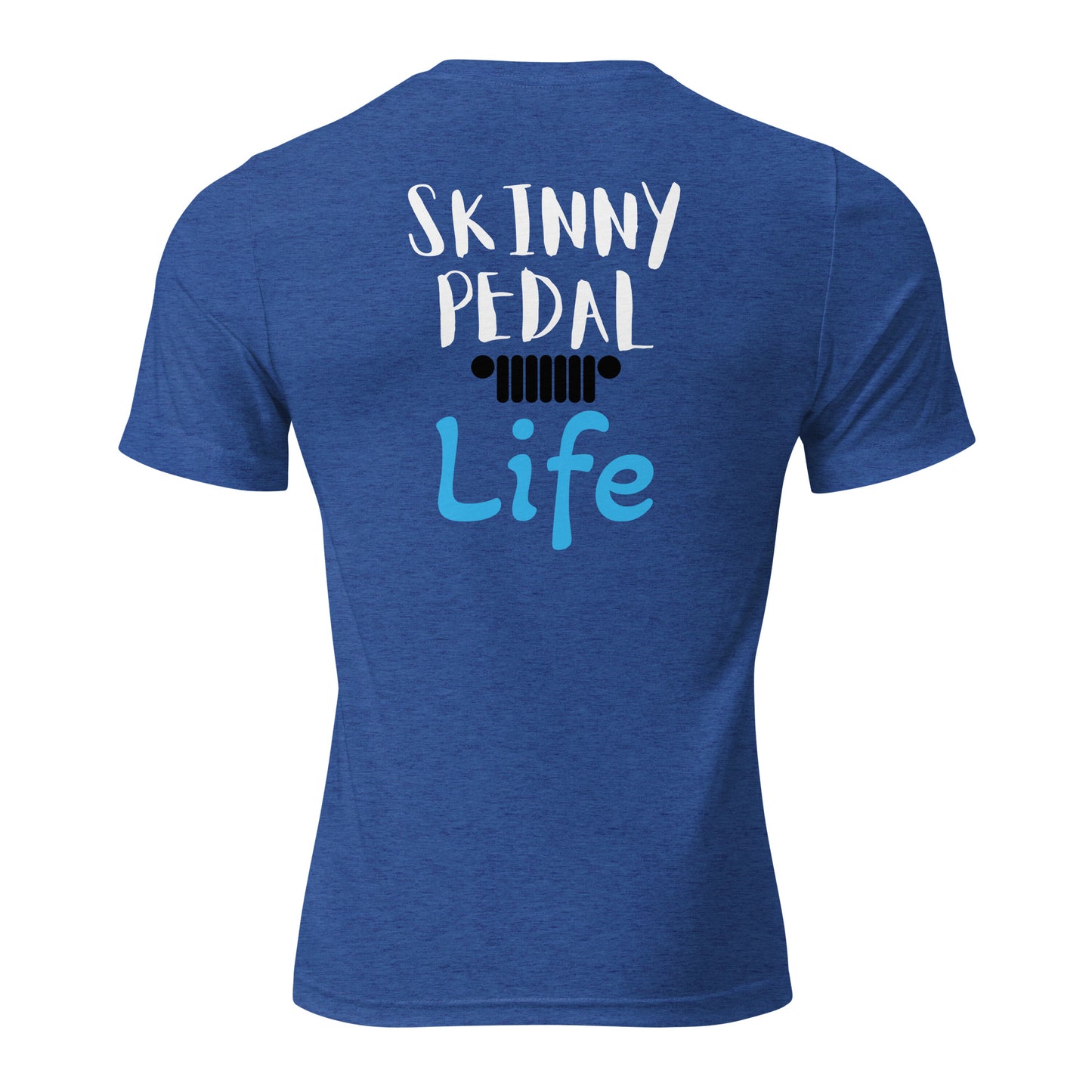 a blue shirt that says ski tiny pedal life