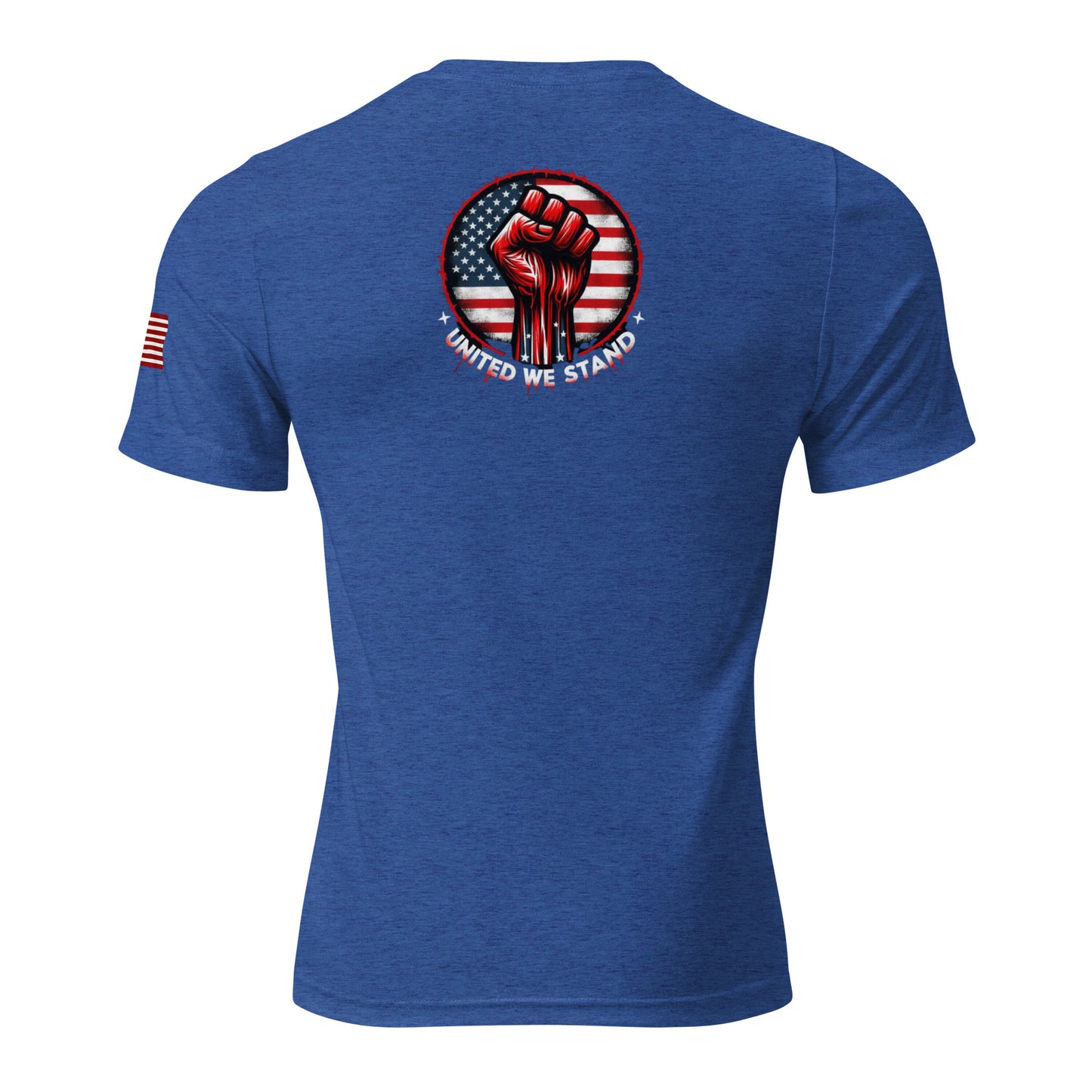 a blue t - shirt with the american flag and a fist on it