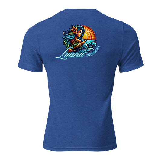 a blue shirt with a picture of a mermaid holding a surfboard