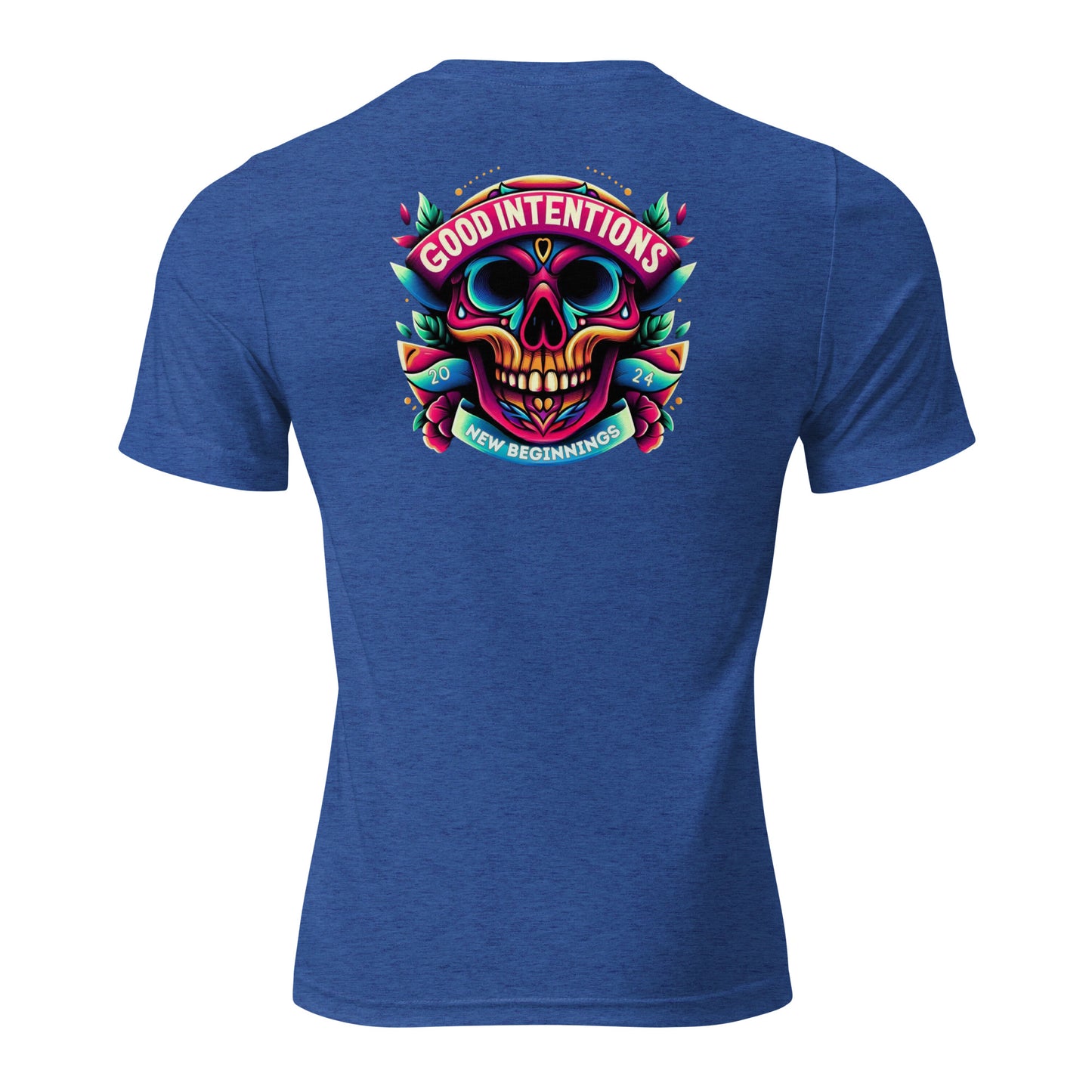 a blue t - shirt with a colorful skull on it