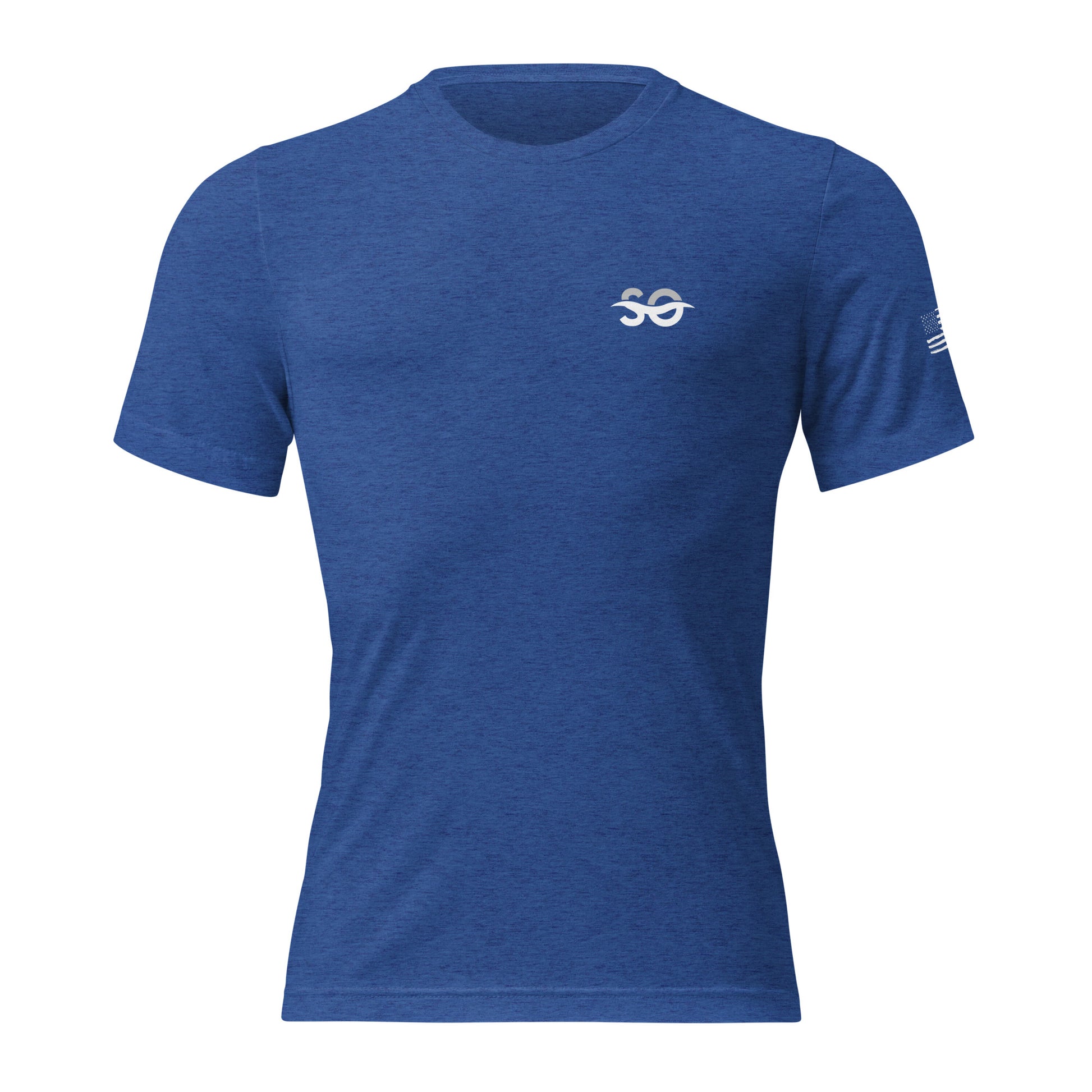 a blue t - shirt with a white logo on the chest