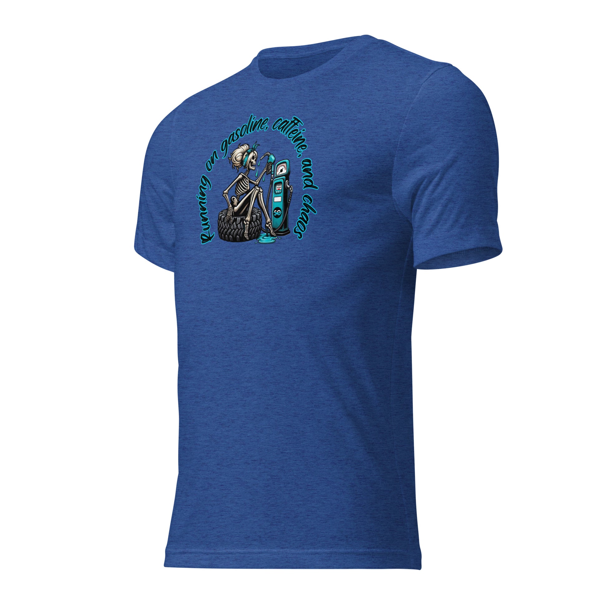 a blue t - shirt with a skeleton on it