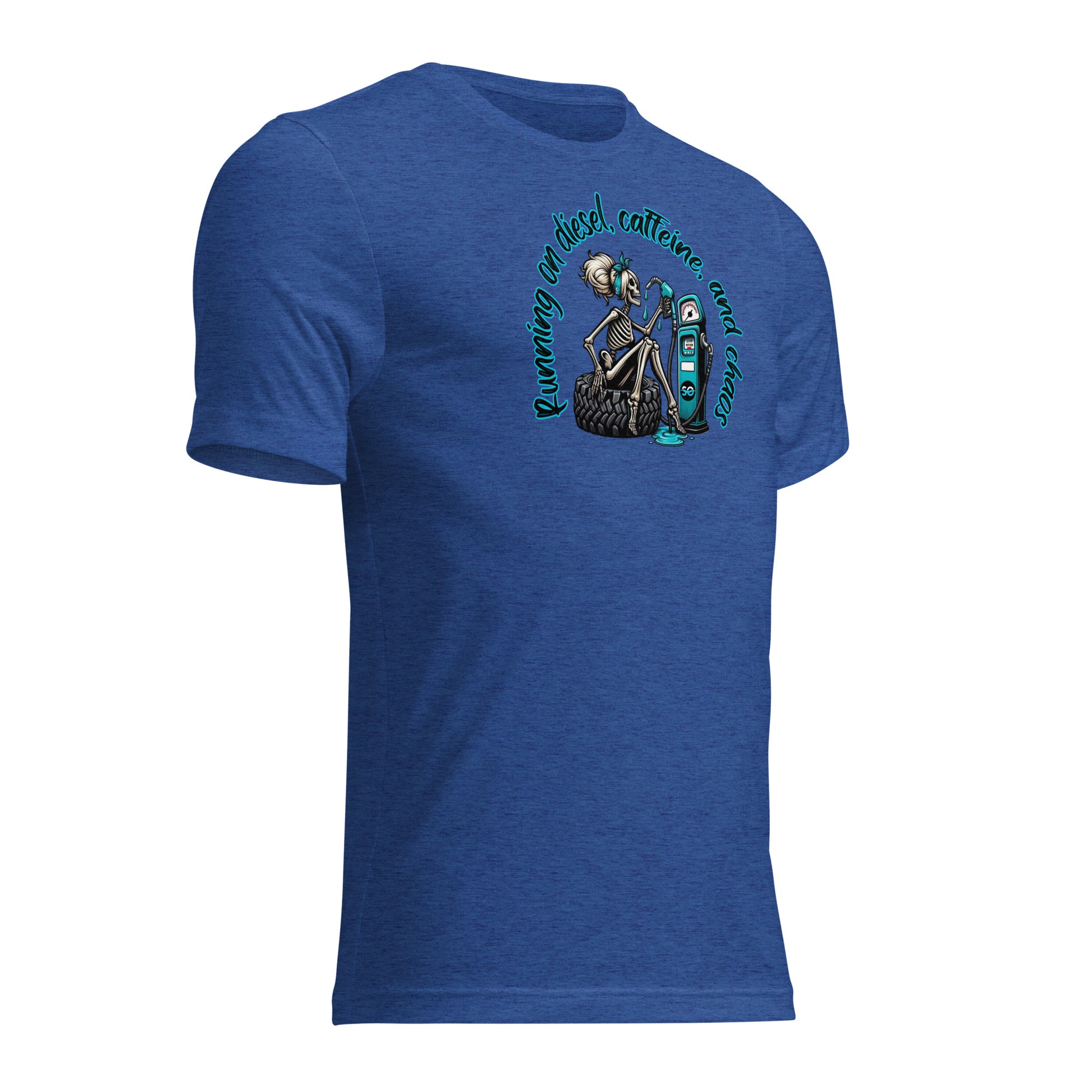 a blue t - shirt with an image of a skeleton holding a skateboard