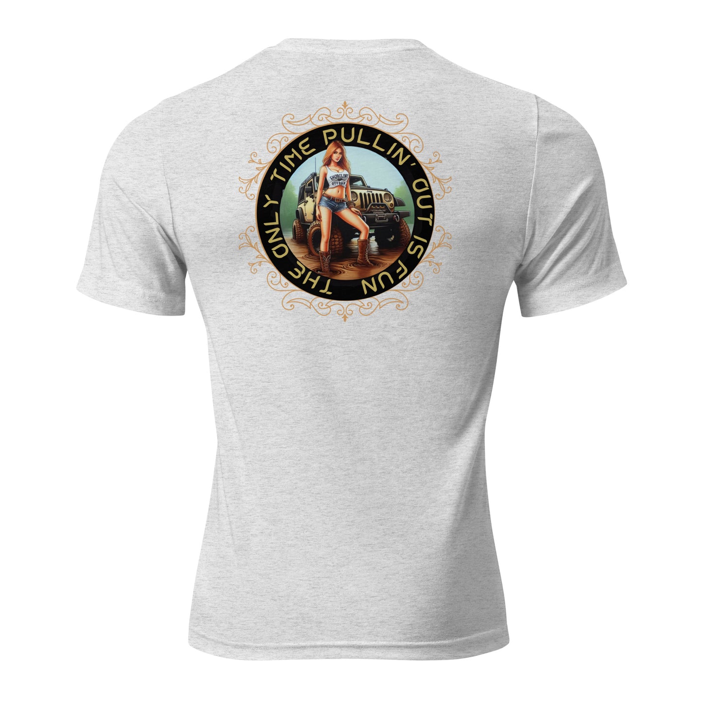 a white t - shirt with a picture of a woman sitting on top of a