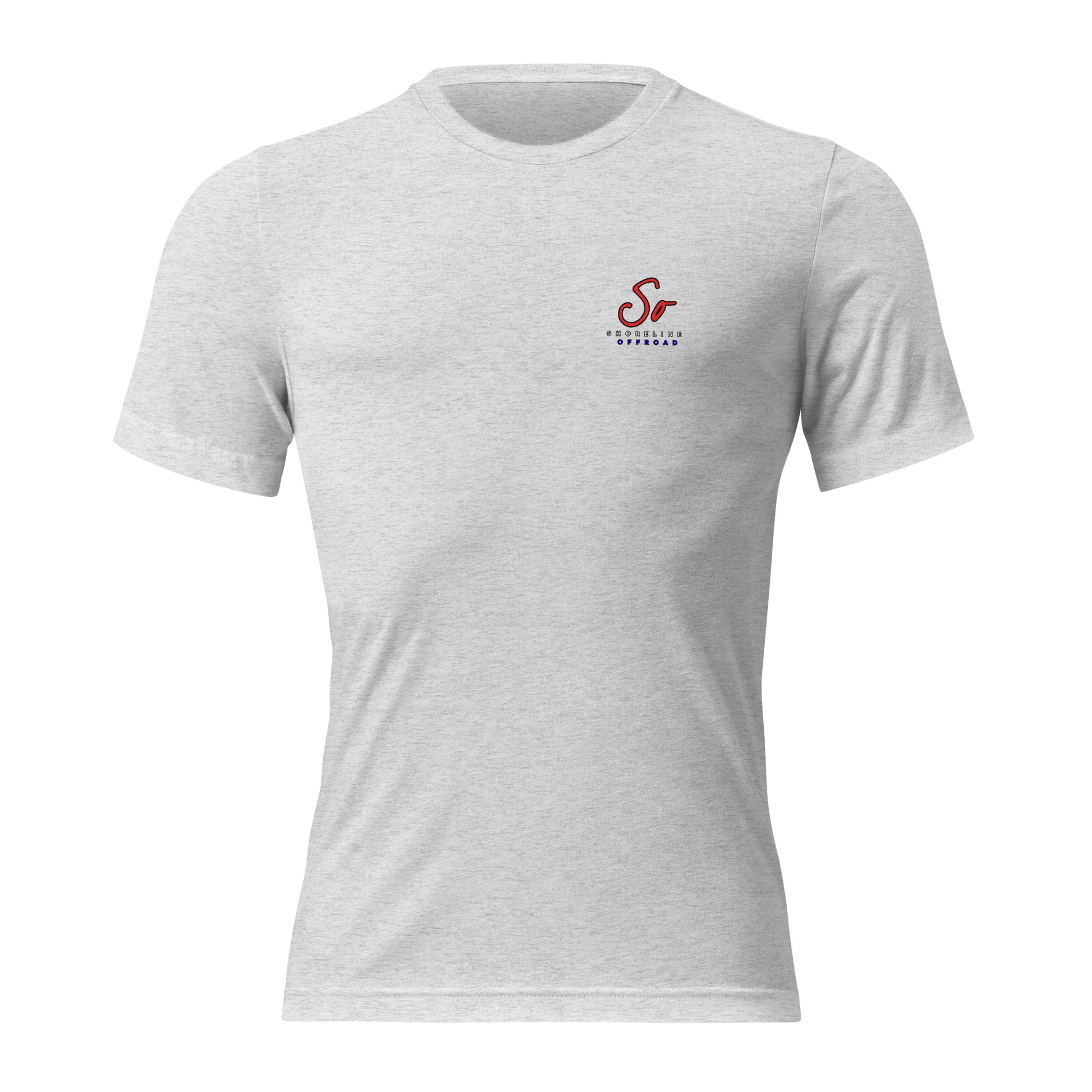 a white t - shirt with a red and blue logo