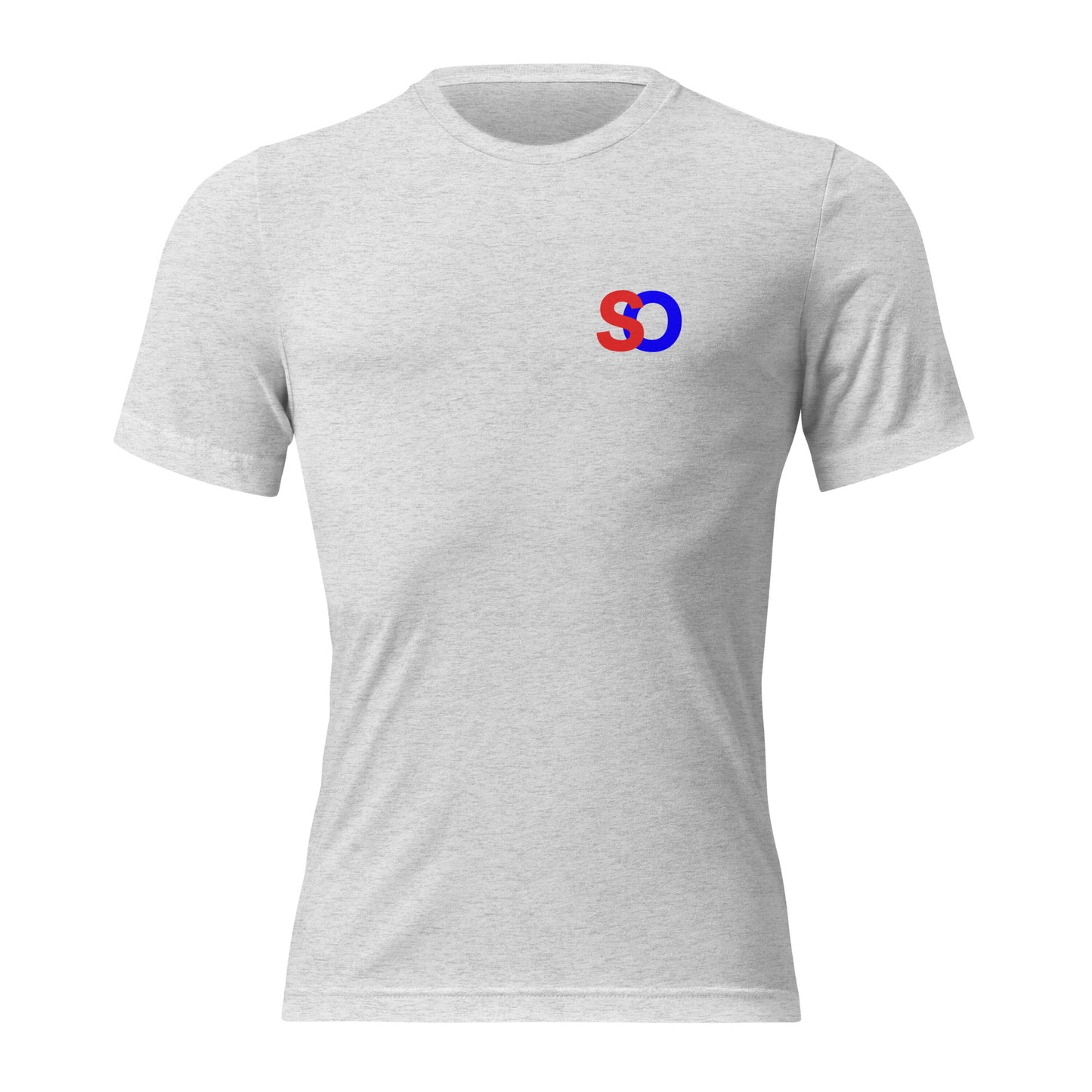 a white t - shirt with a red and blue logo