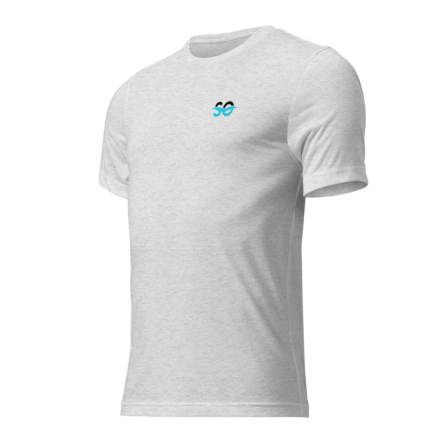 a white t - shirt with a blue logo on the chest