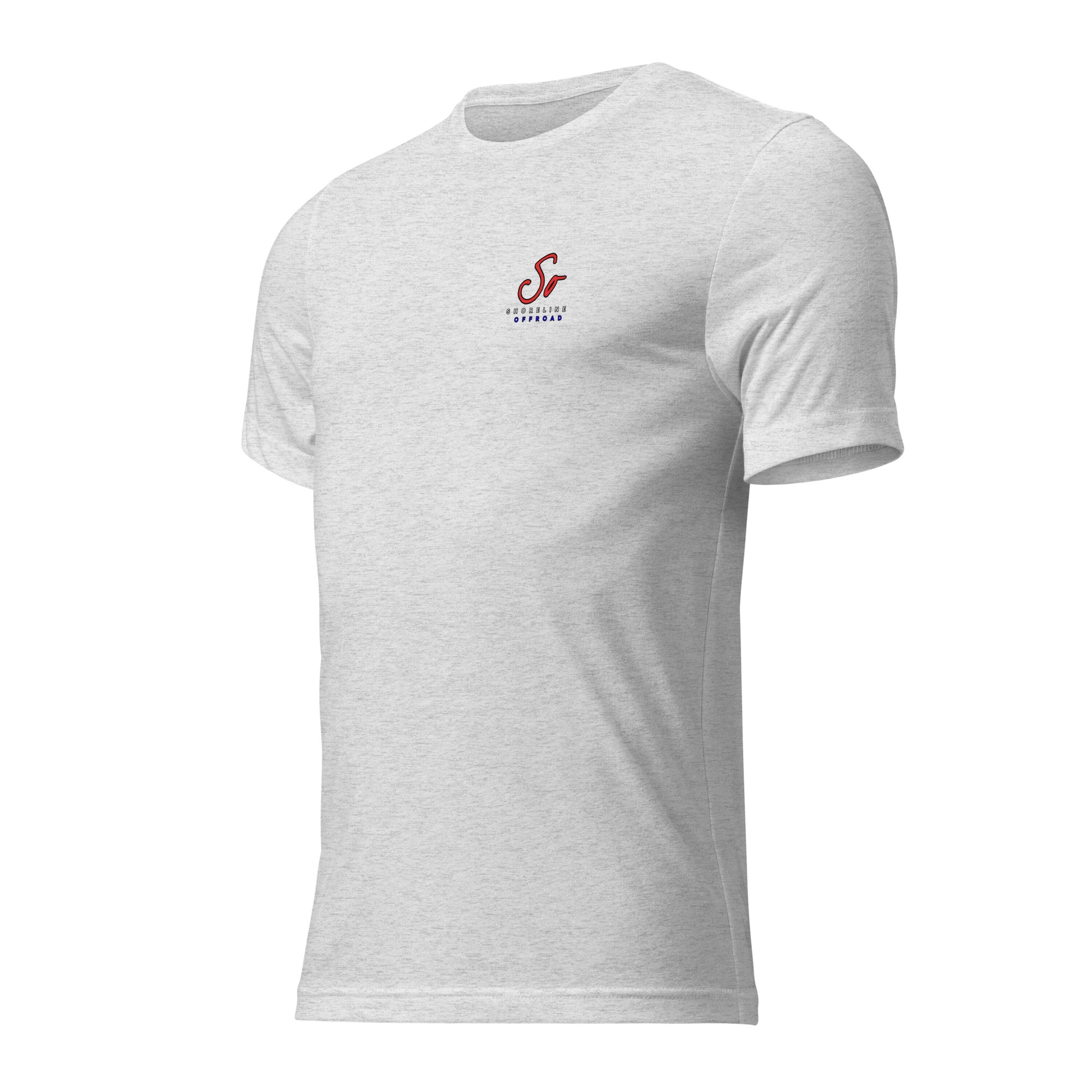 a white t - shirt with a red and blue logo