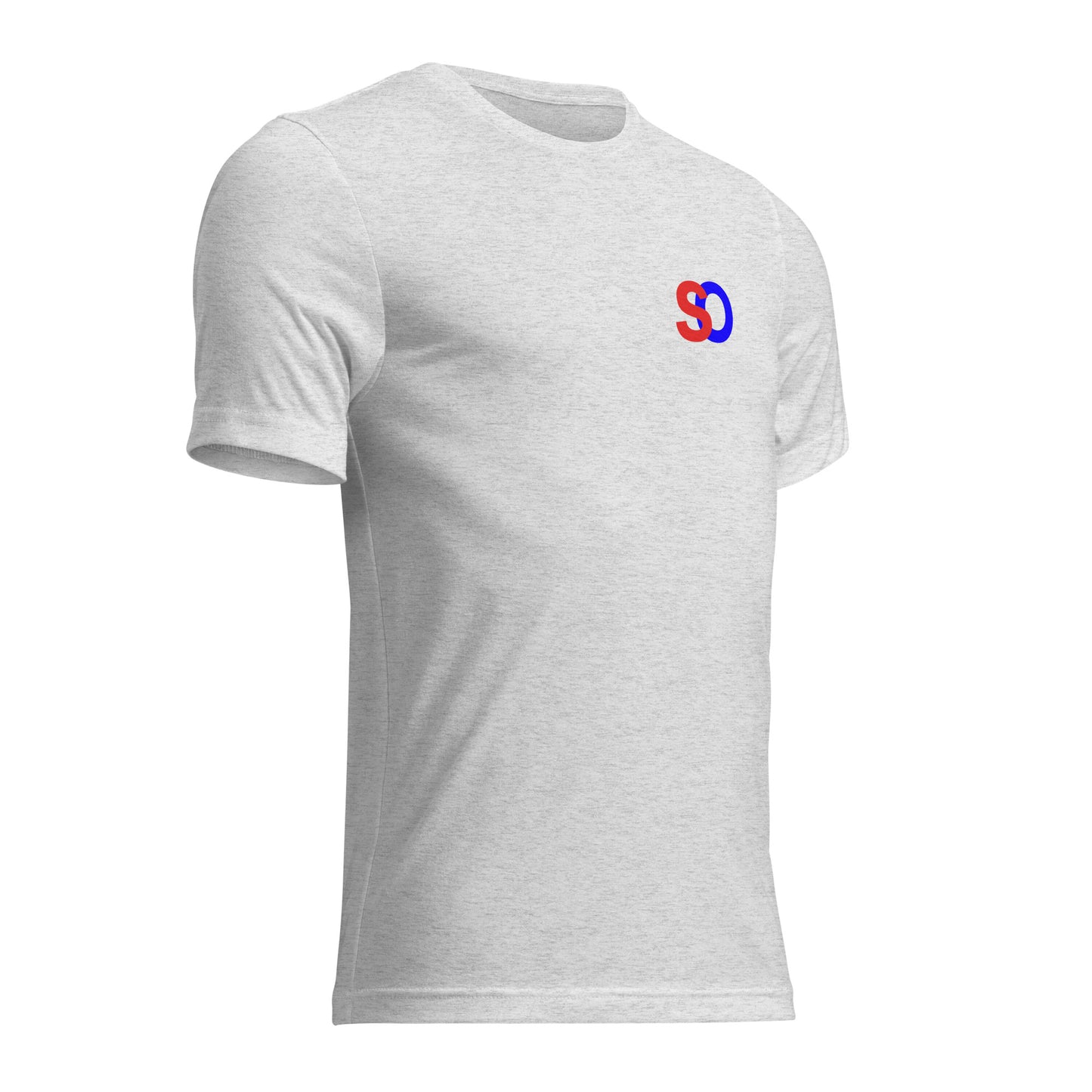 a white t - shirt with a red and blue logo