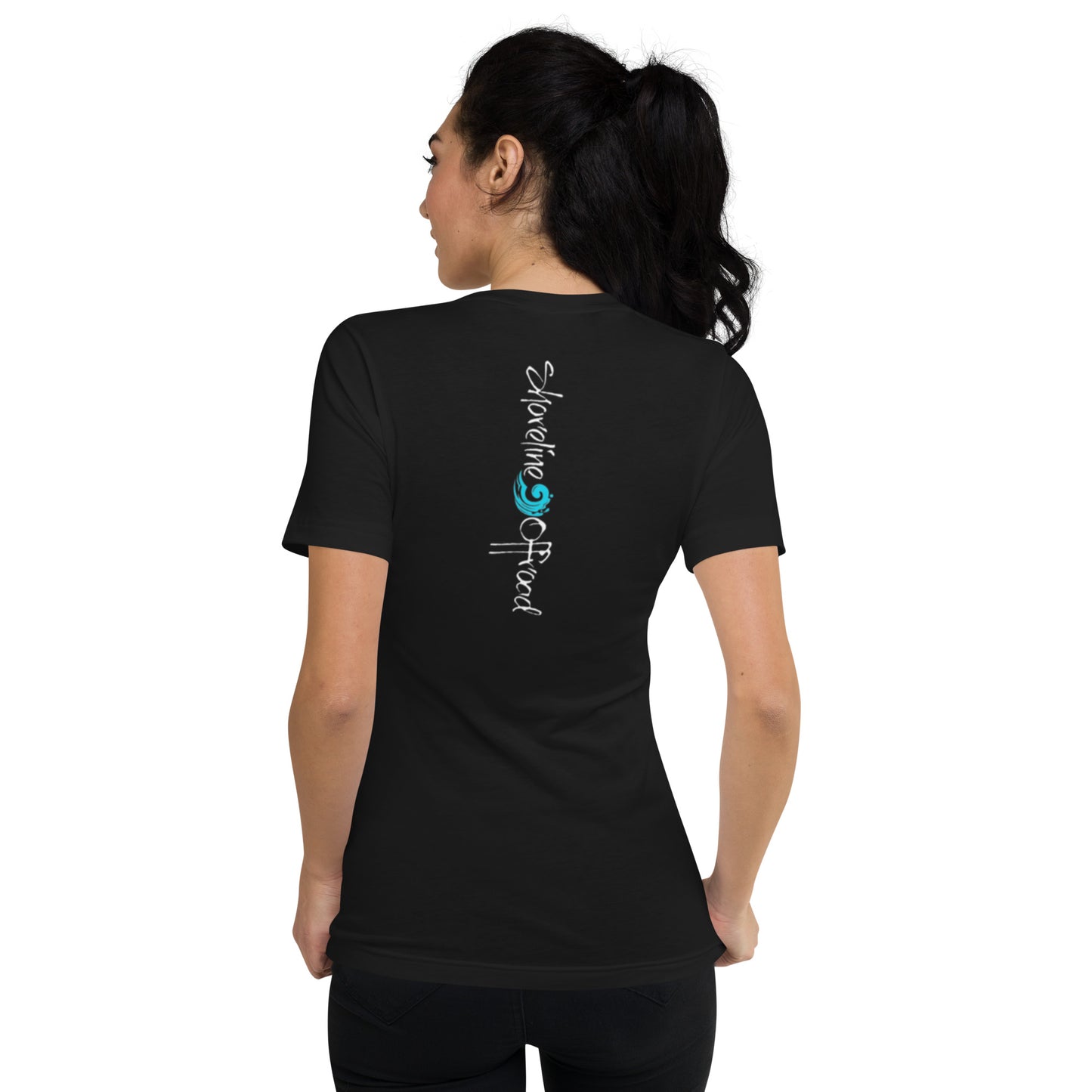 a woman wearing a black t - shirt with a blue bird on it