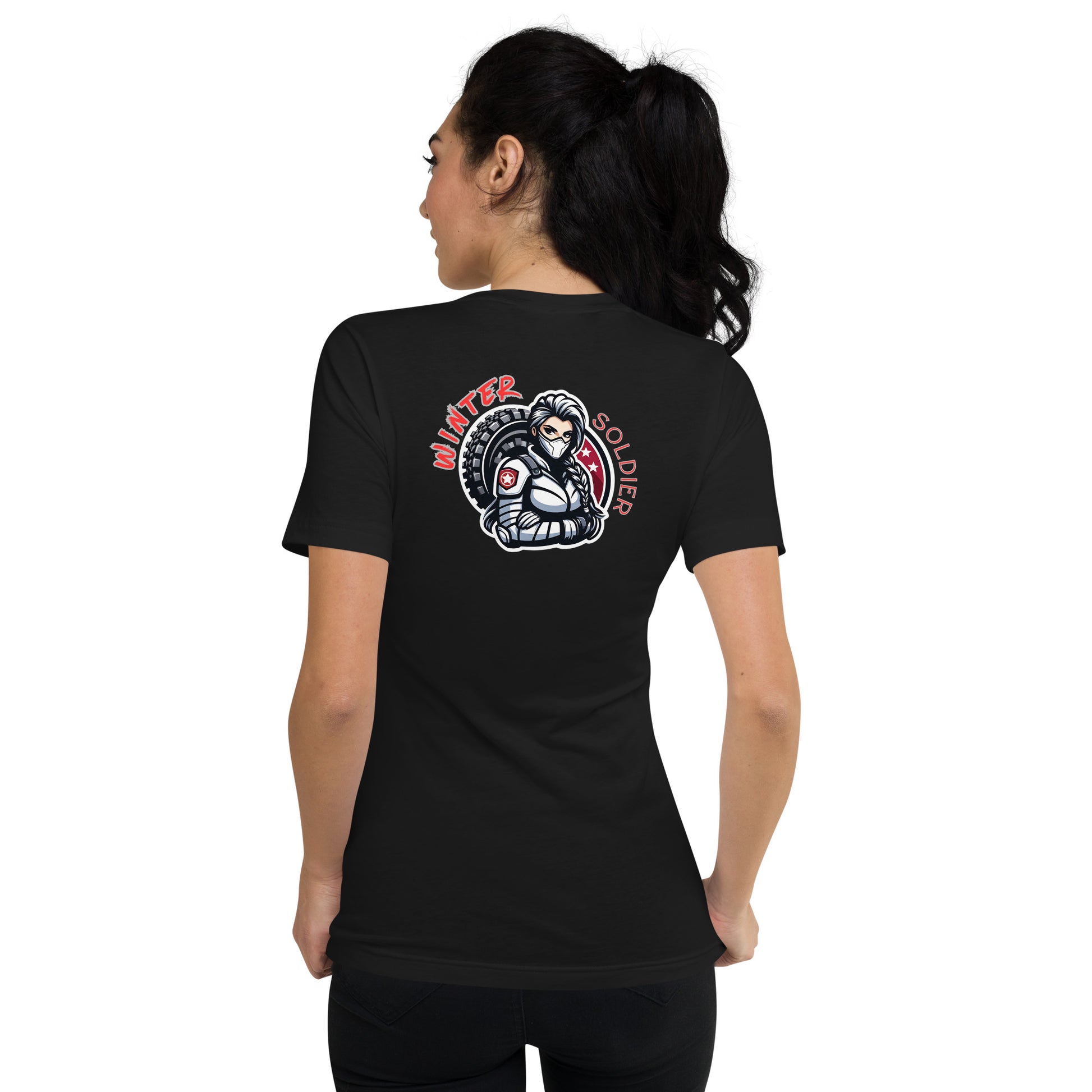 a woman wearing a black shirt with a skull on it