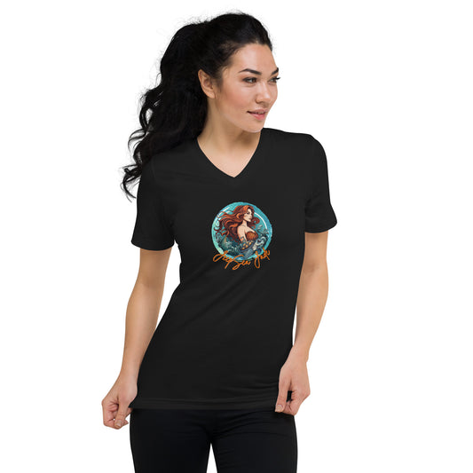 a woman wearing a black t - shirt with a picture of a mermaid on it