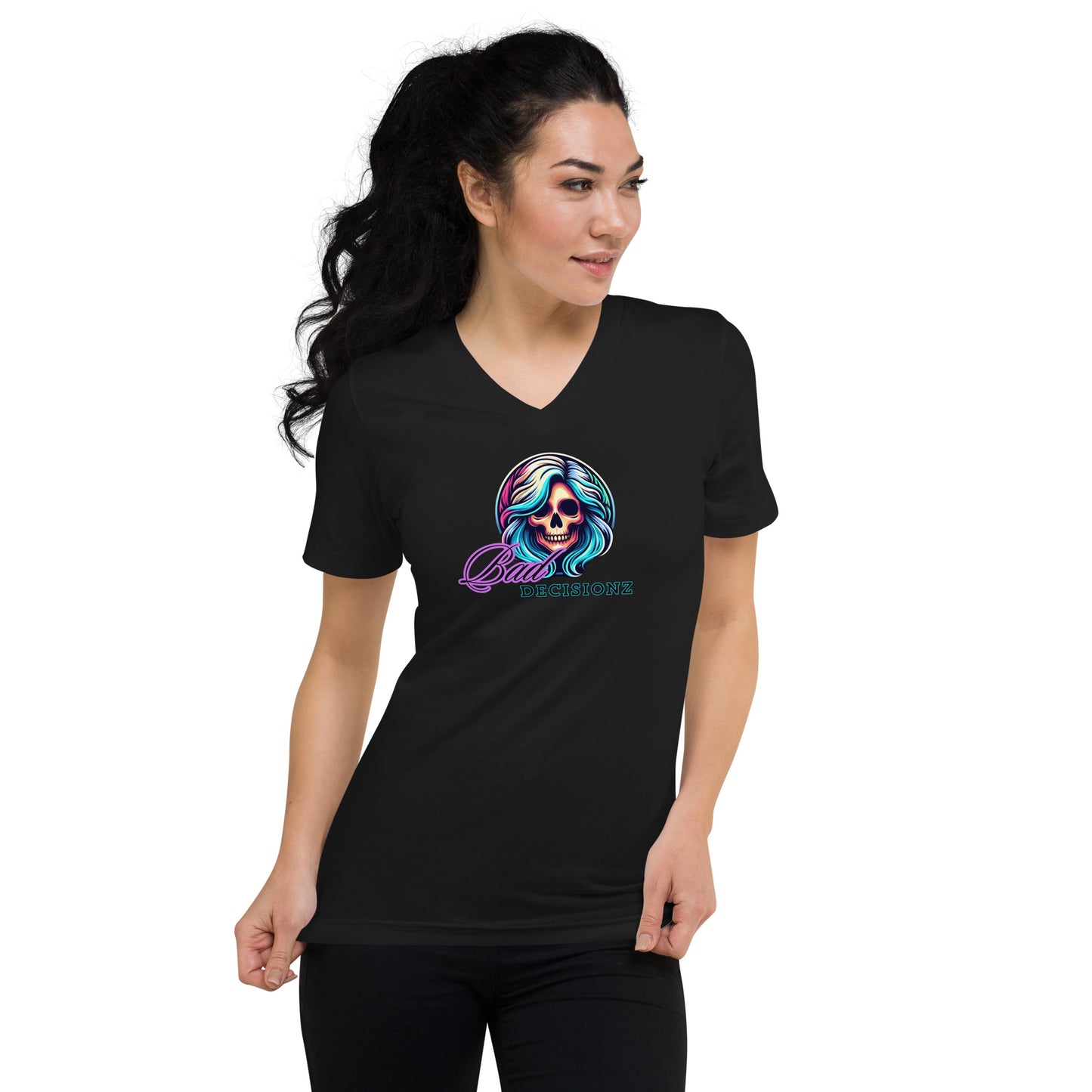 a woman wearing a black shirt with a skull on it