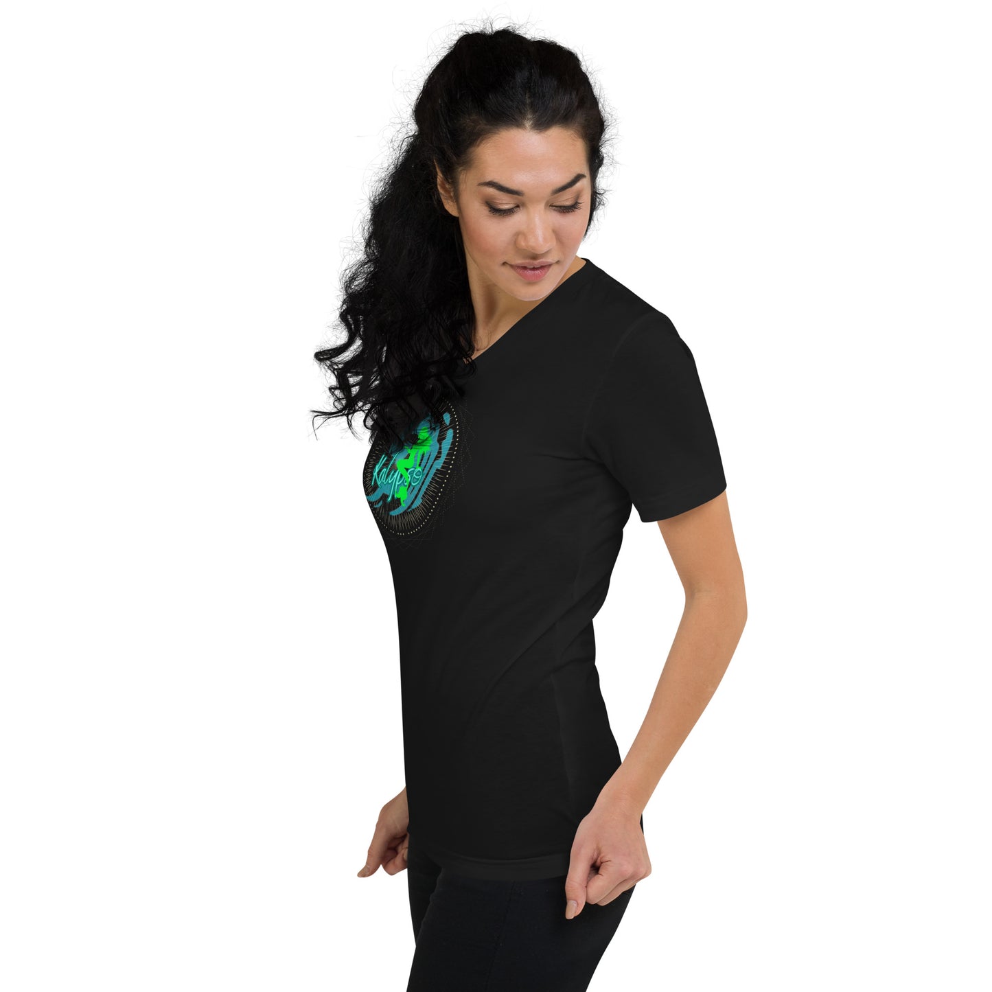 a woman wearing a black shirt with a green shamrock on it