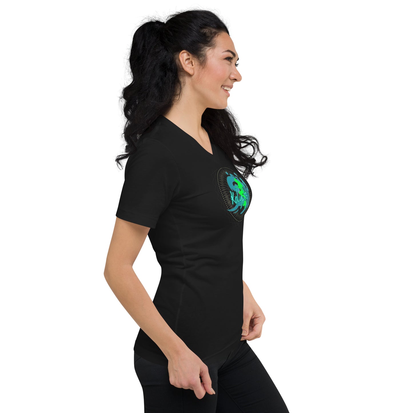 a woman wearing a black shirt with a green dragon on it