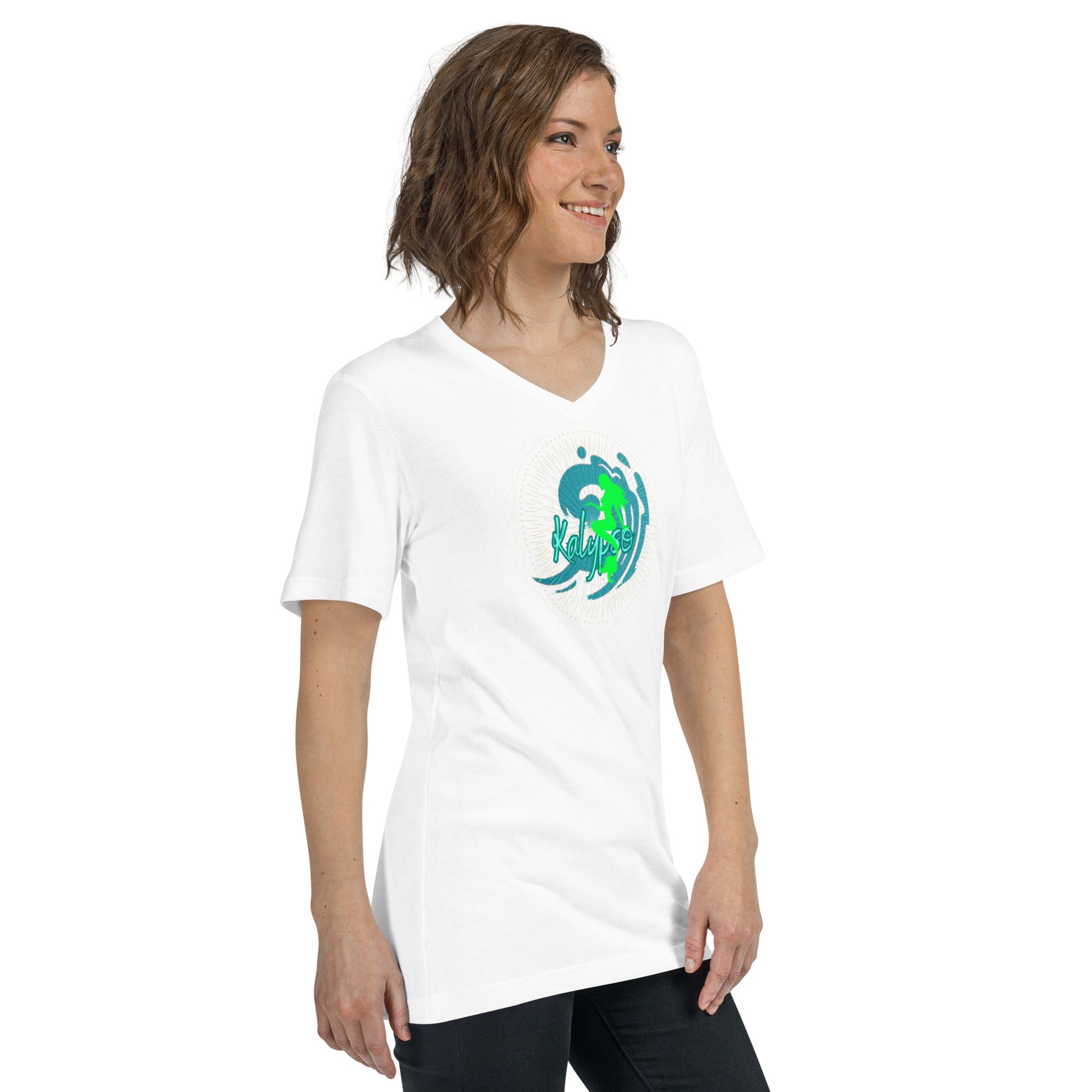 a woman wearing a white t - shirt with a green dragon on it