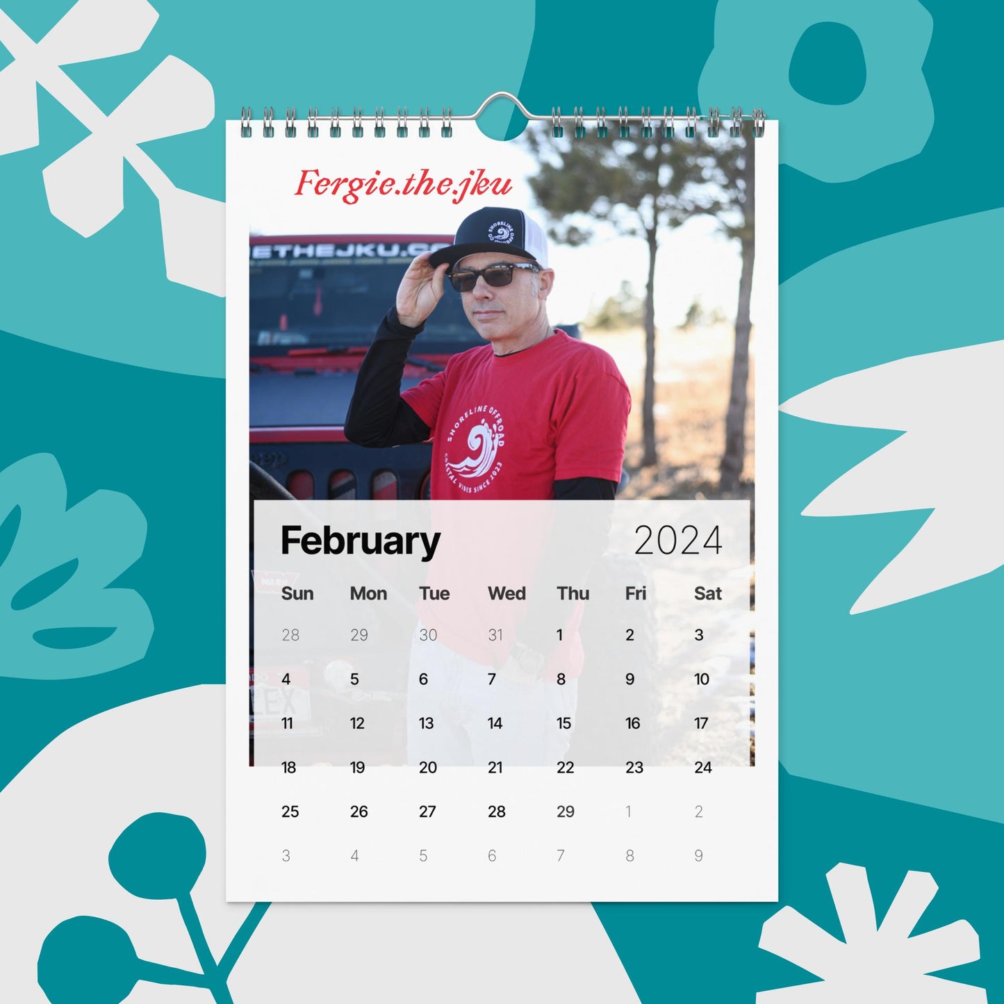 a calendar with a photo of a man in a red shirt