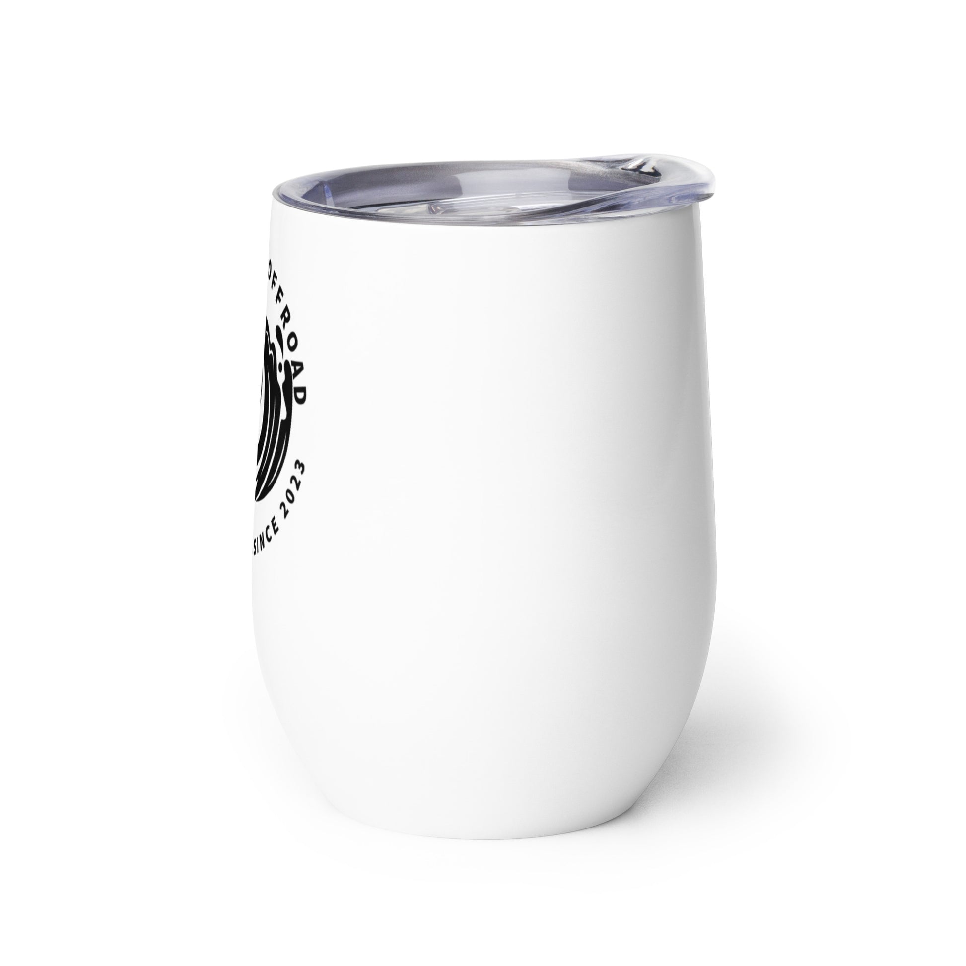 a white coffee cup with a black and white logo