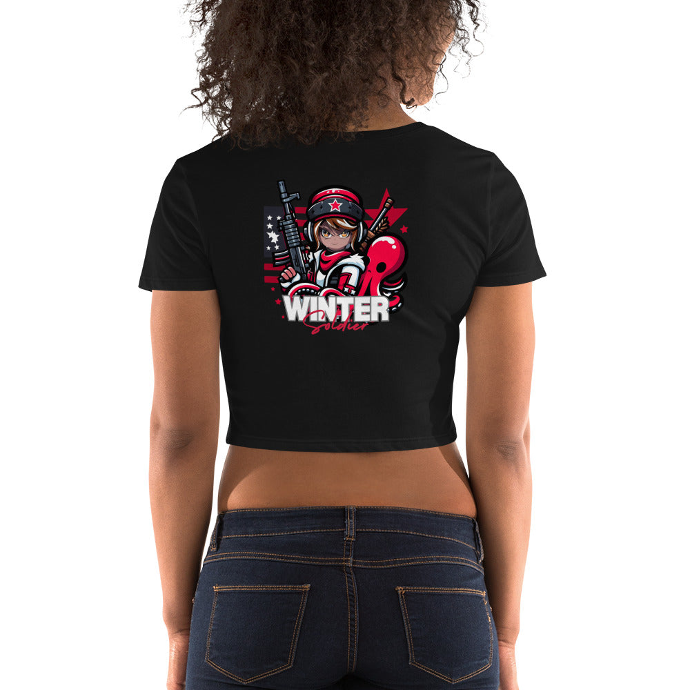 a woman wearing a black crop top with the words winter on it