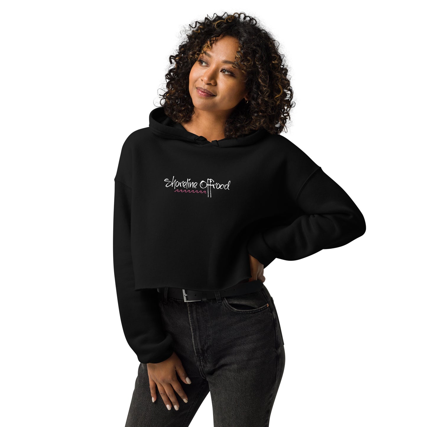 a woman wearing a black hoodie with the words, motherhood printed on it