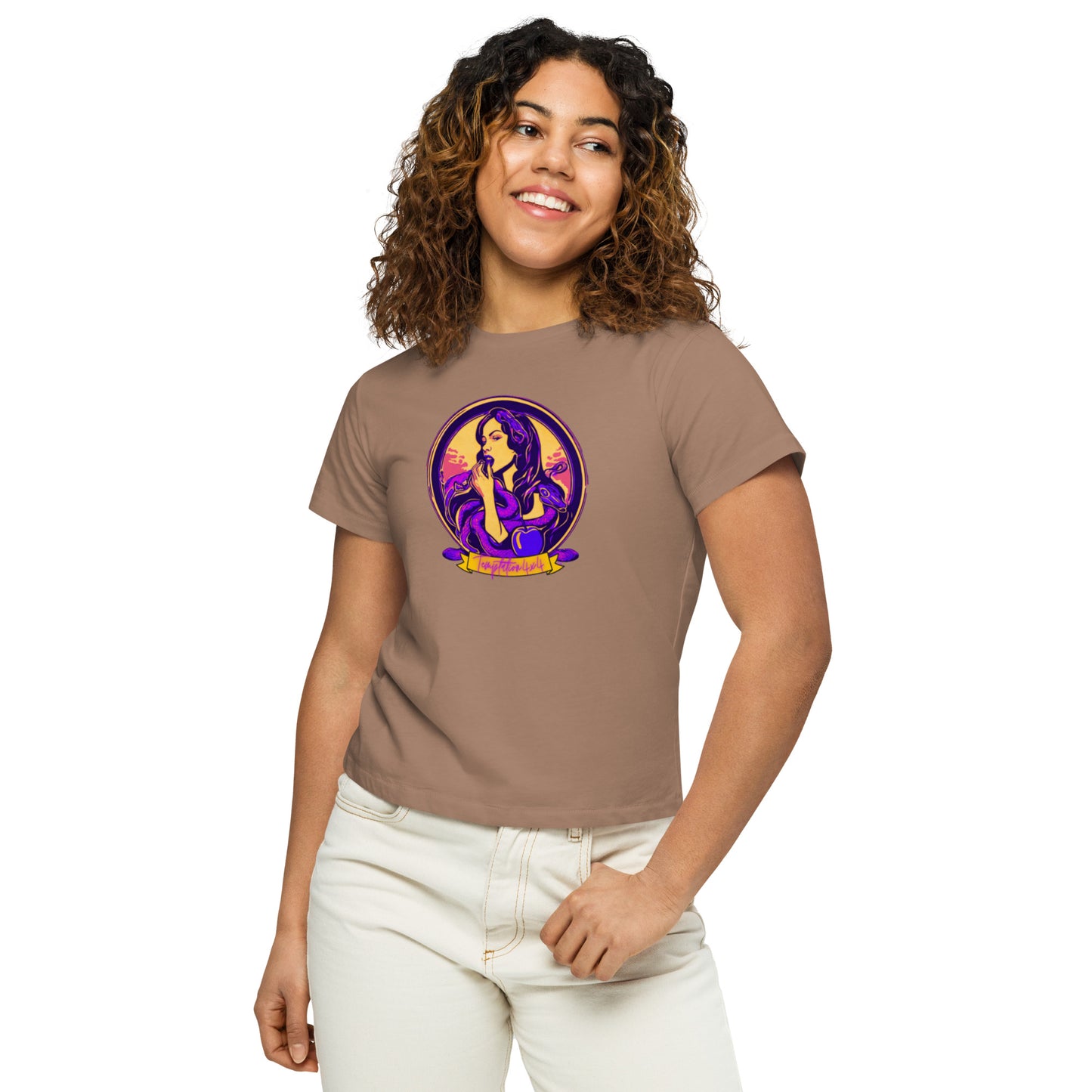 a woman wearing a brown t - shirt with a picture of a woman on it