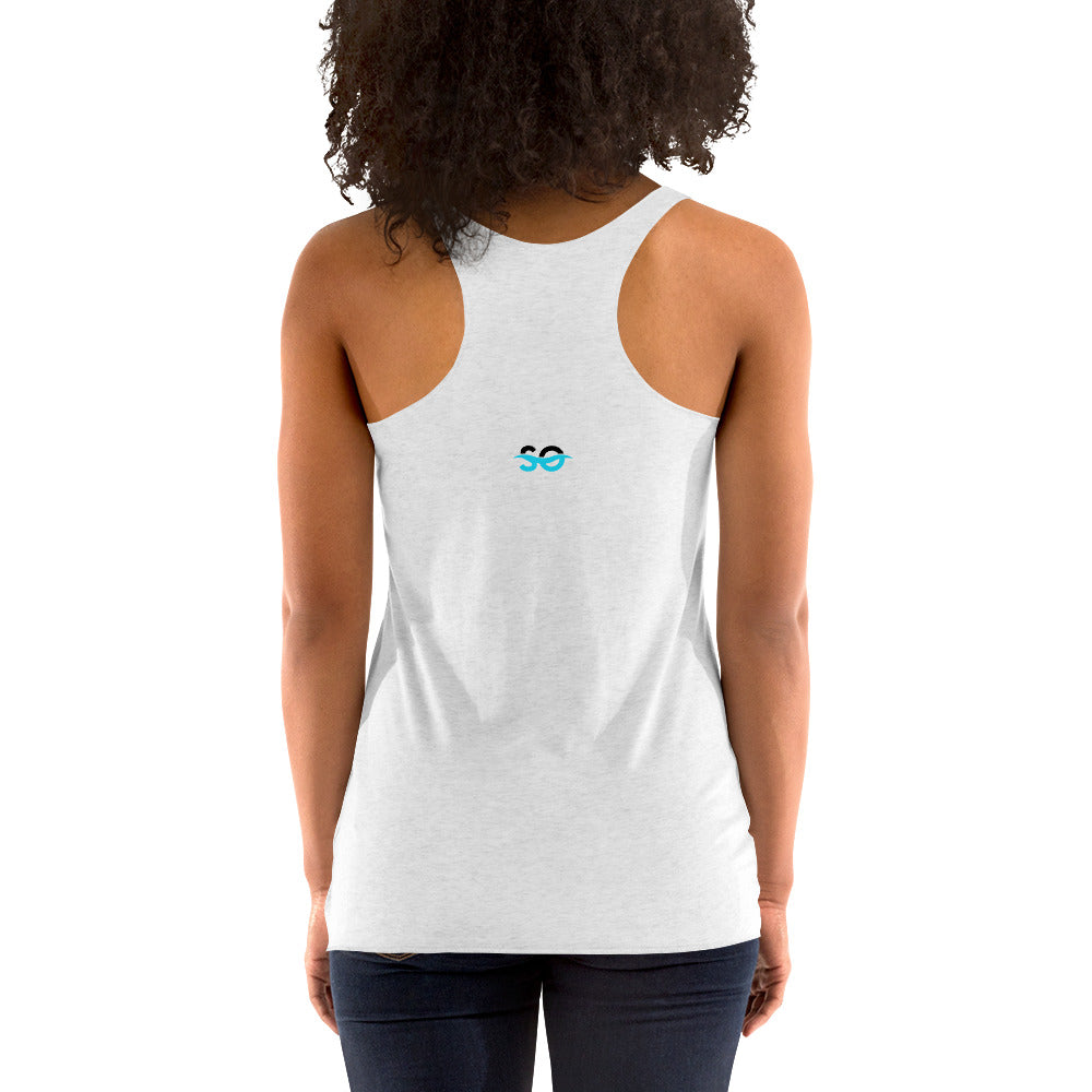 a woman wearing a white tank top with the word so on it