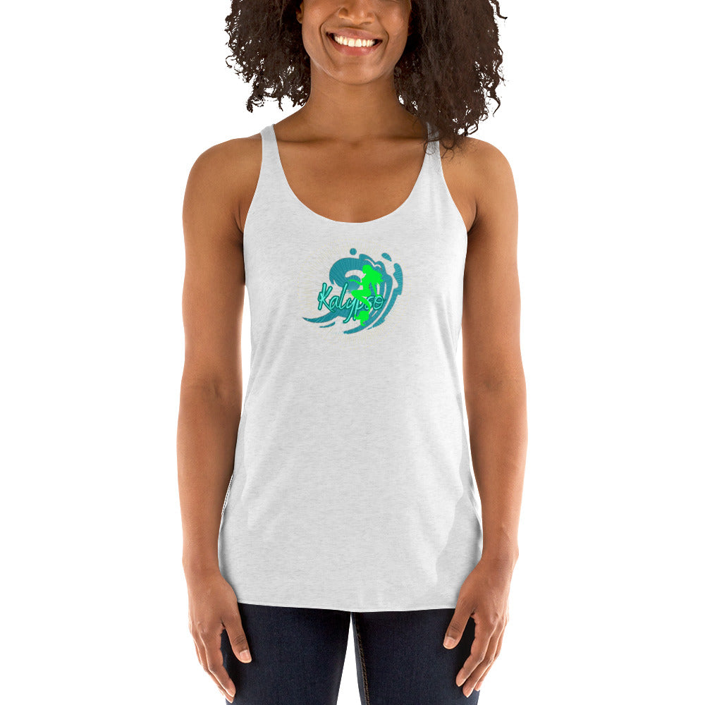 a woman wearing a white tank top with a green octopus on it