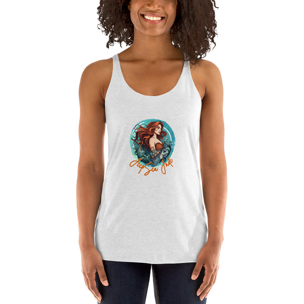 a woman wearing a white tank top with a picture of a mermaid